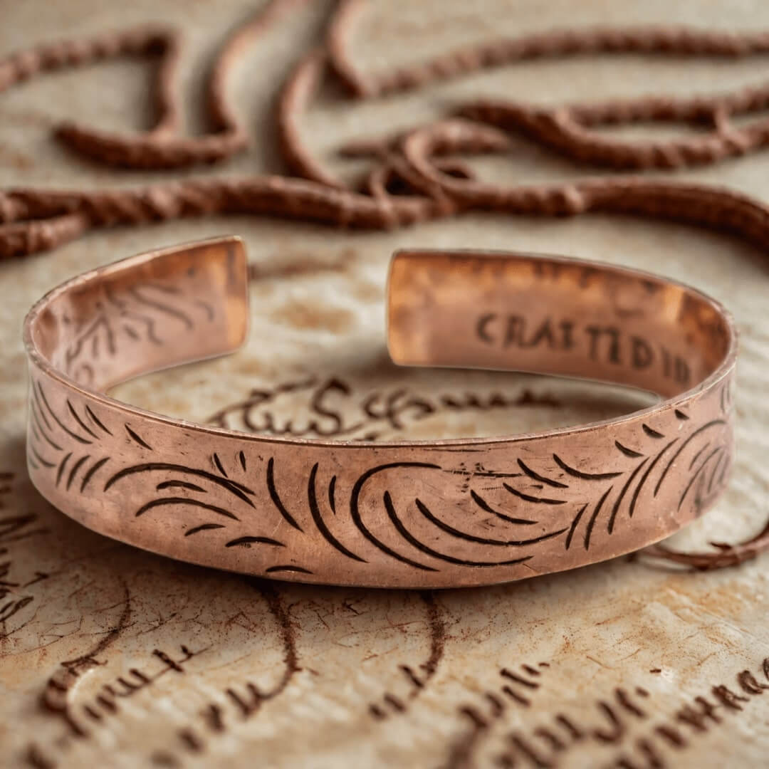 Bracelet tibétain manchette en cuivre avec gravures de spirales sur parchemin ancien.