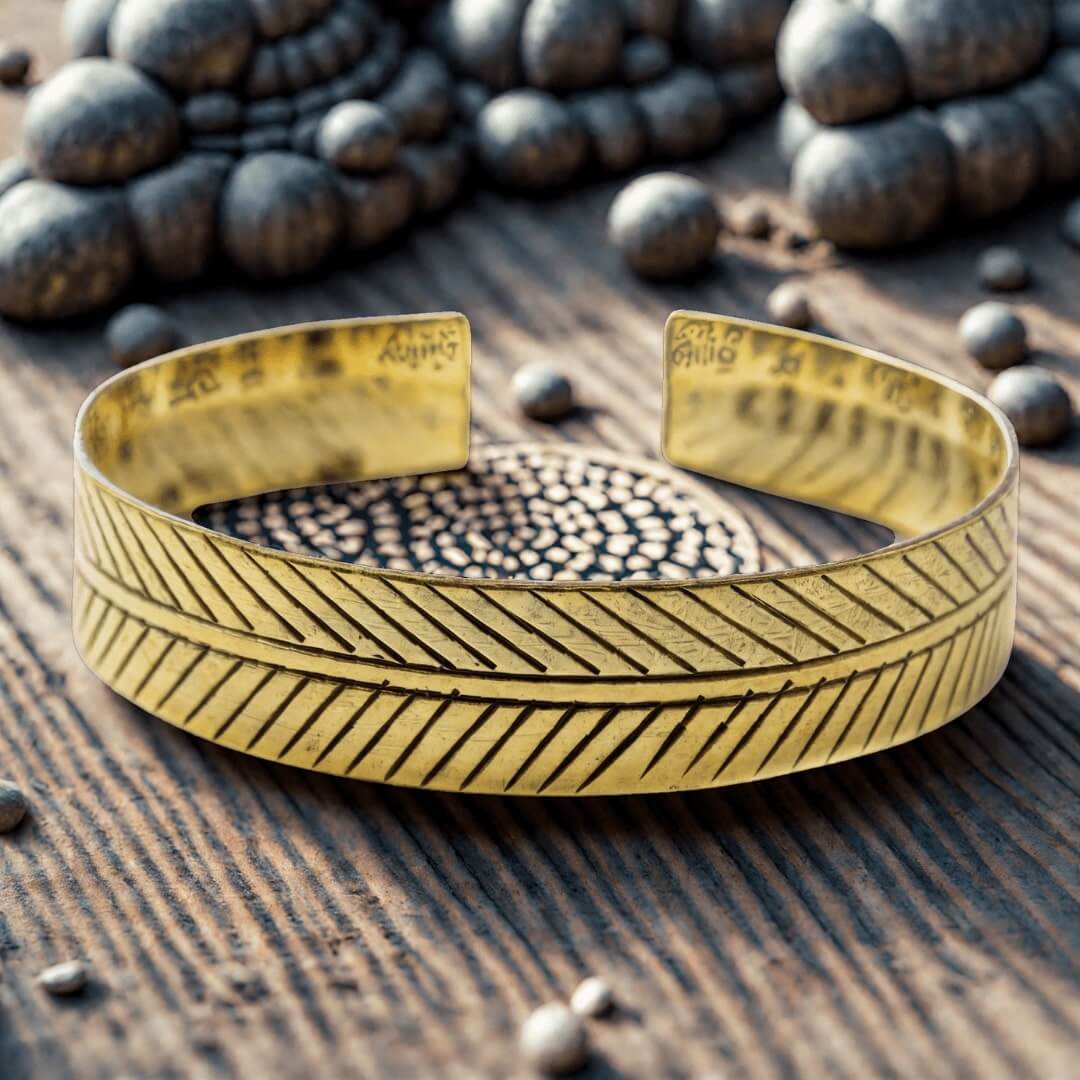 Bracelet tibétain style tribal avec motifs chevrons gravés en laiton, sur bois ancien.