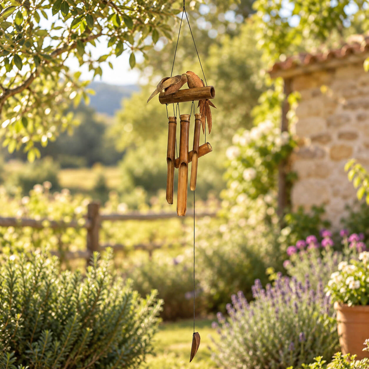 Carillon à vent artisanal en bambou et coque de coco, décoration extérieure naturelle et bohème