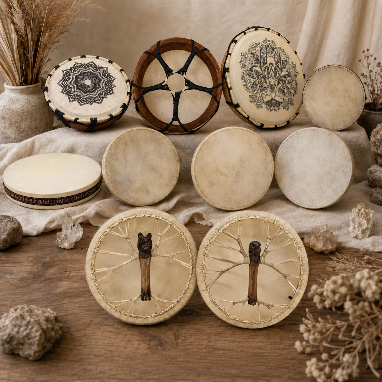 Collection de tambours chamaniques en peau naturelle, motifs mandala, Hamsa et poignées sculptées.