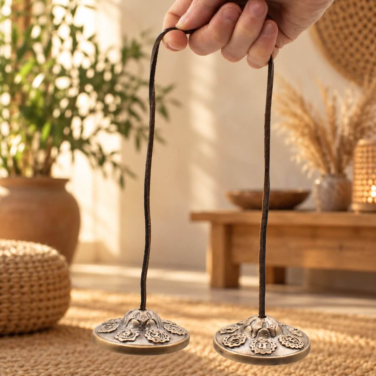 Main tenant une paire de tingsha aux sept chakras par leur lanière en cuir, dans un salon bohème lumineux