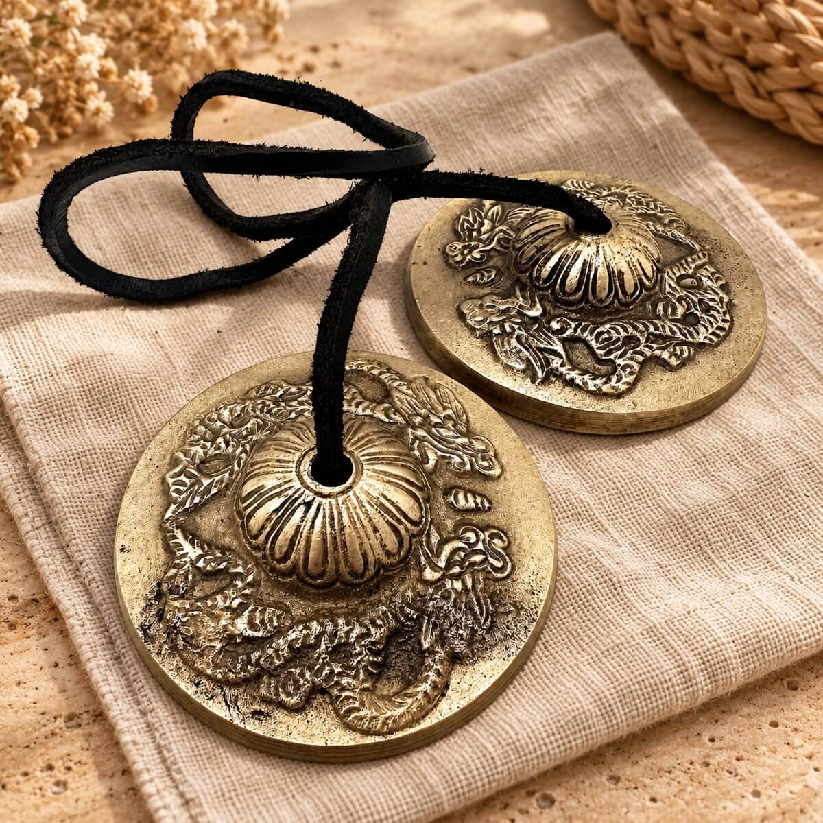 Paire de tingsha en laiton patiné ornées d’un dragon enroulé autour d’une fleur bombée, reliées par un lien noir et posées sur un tissu en lin