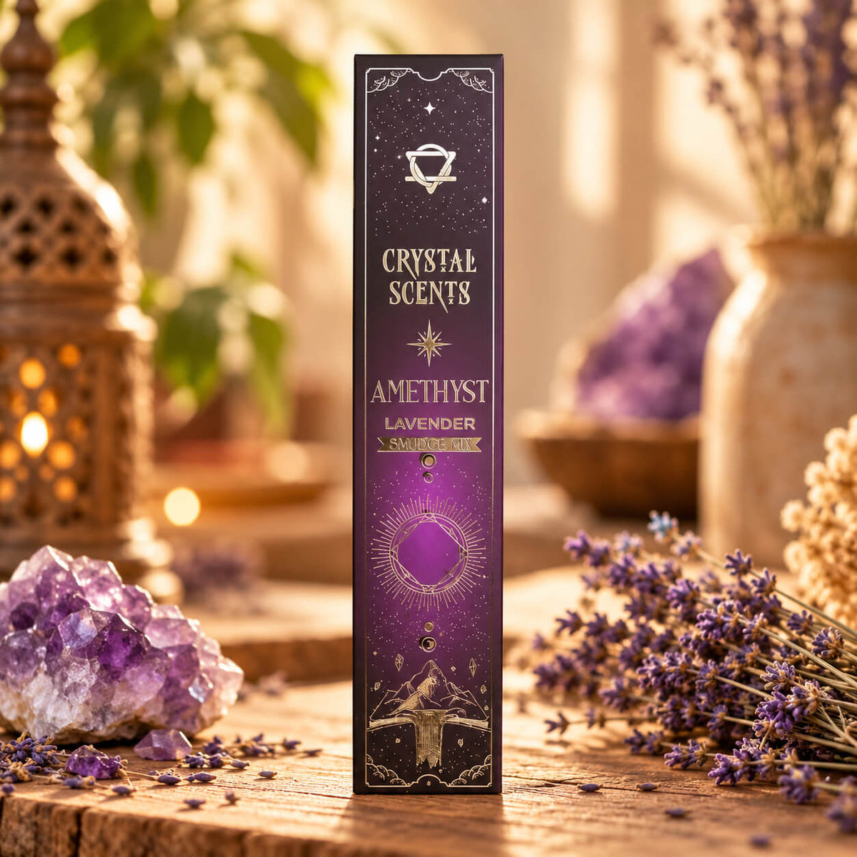 Étui violet à motifs dorés d'encens à la lavande, posé entre une géode d'améthyste et un bouquet de lavande séchée