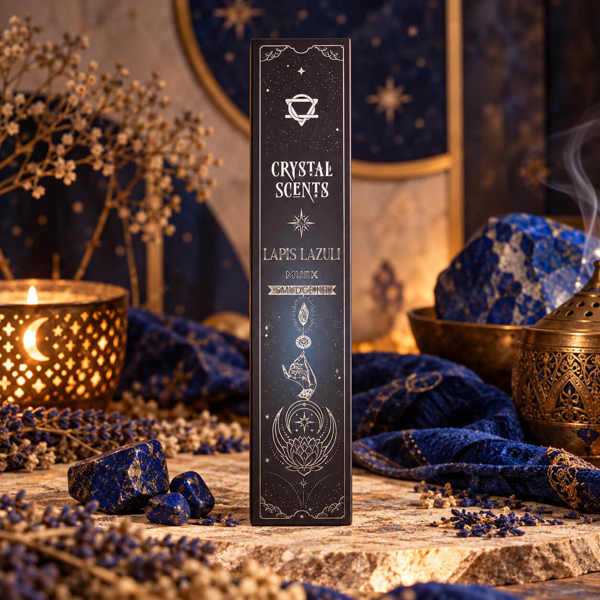 Étui bleu nuit d'encens au musc illustré d'une main, d'une lune et d'un lotus, entouré de blocs de lapis lazuli