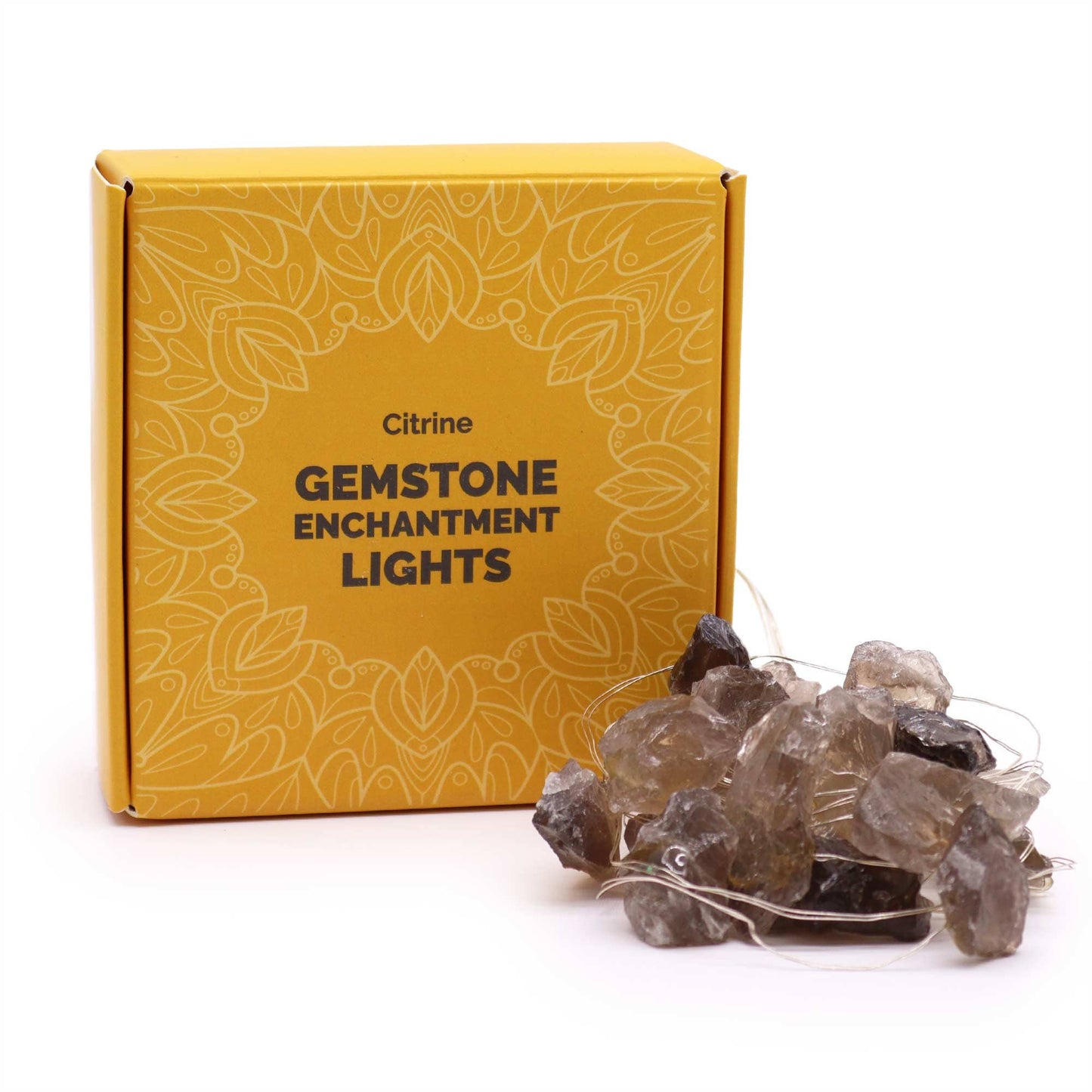 Une guirlande lumineuse en pierres naturelles de citrine fumée.