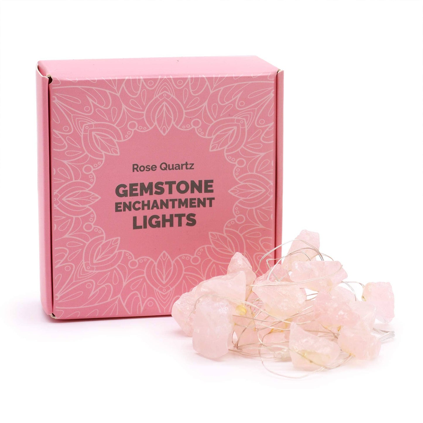 Une guirlande lumineuse en pierres naturelles de quartz rose.