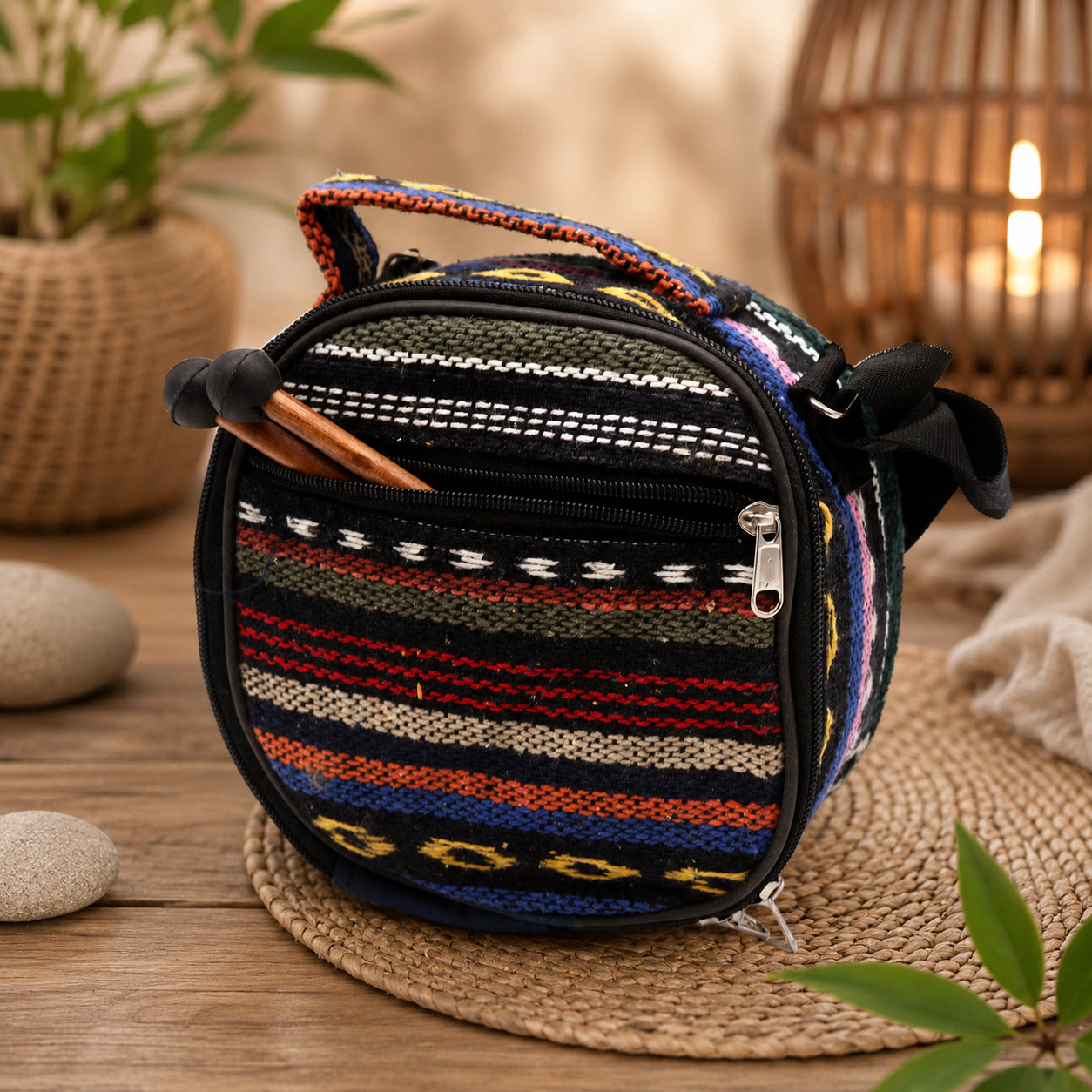 Housse de transport tissée ethnique avec mailloches en bois pour tongue drum paisley 18cm.