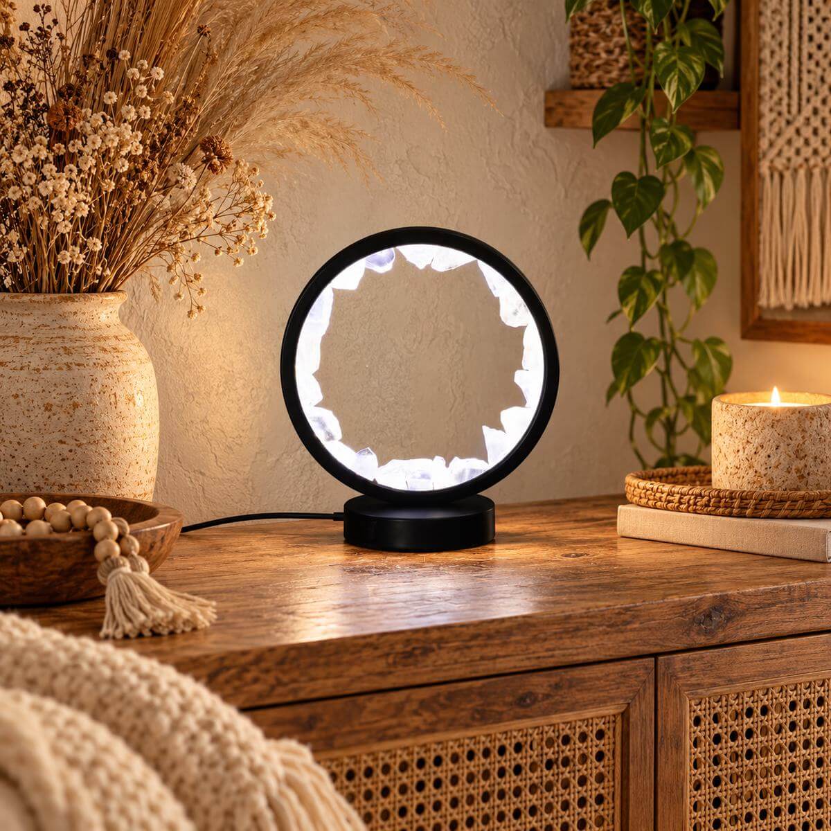 Lampe en cristal de roche allumée, cercle de quartz clair sur un buffet en bois et cannage