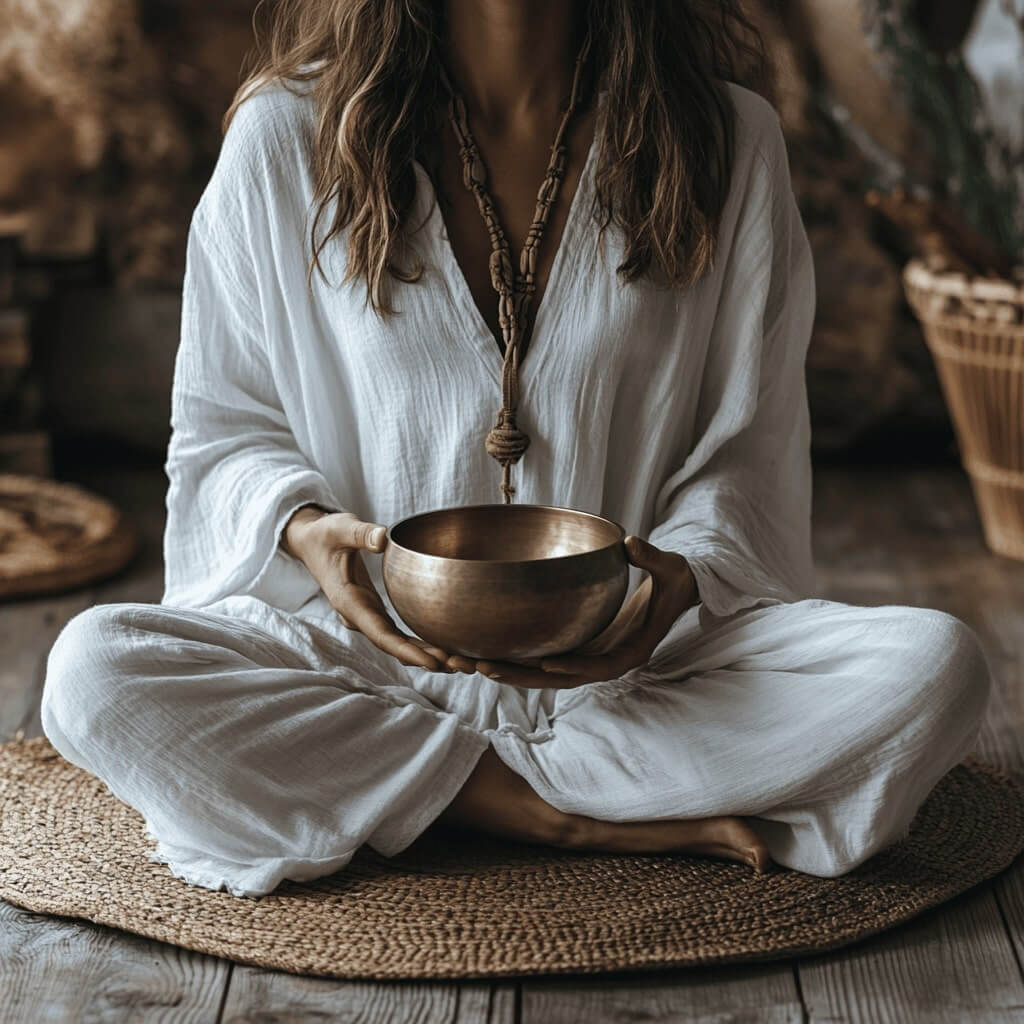 Femme en tenue blanche pratiquant la méditation avec un bol tibétain en laiton, assise en position du lotus sur un tapis naturel.