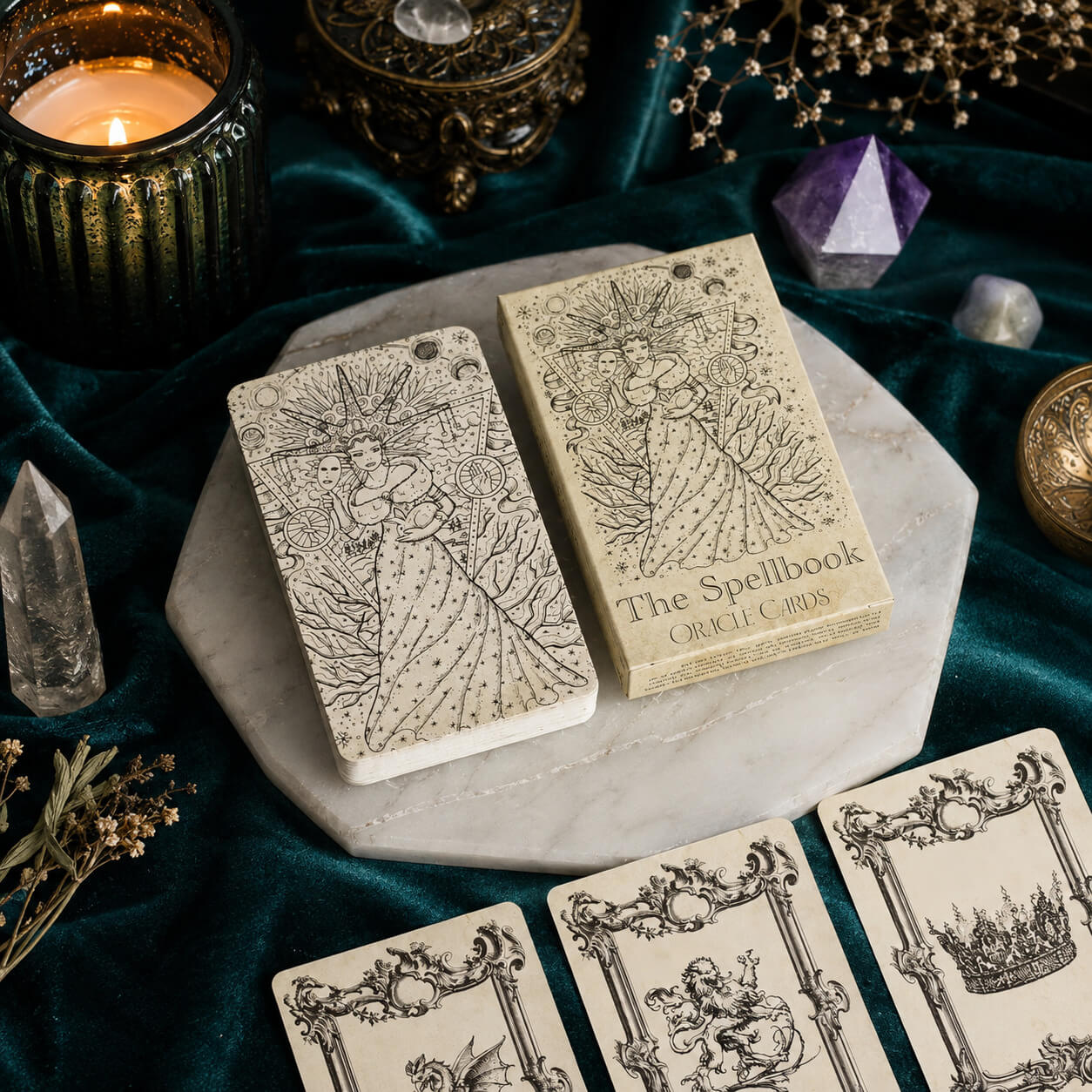 Boîte fermée du jeu d'oracle The Spellbook avec illustration complète de la figure étoilée