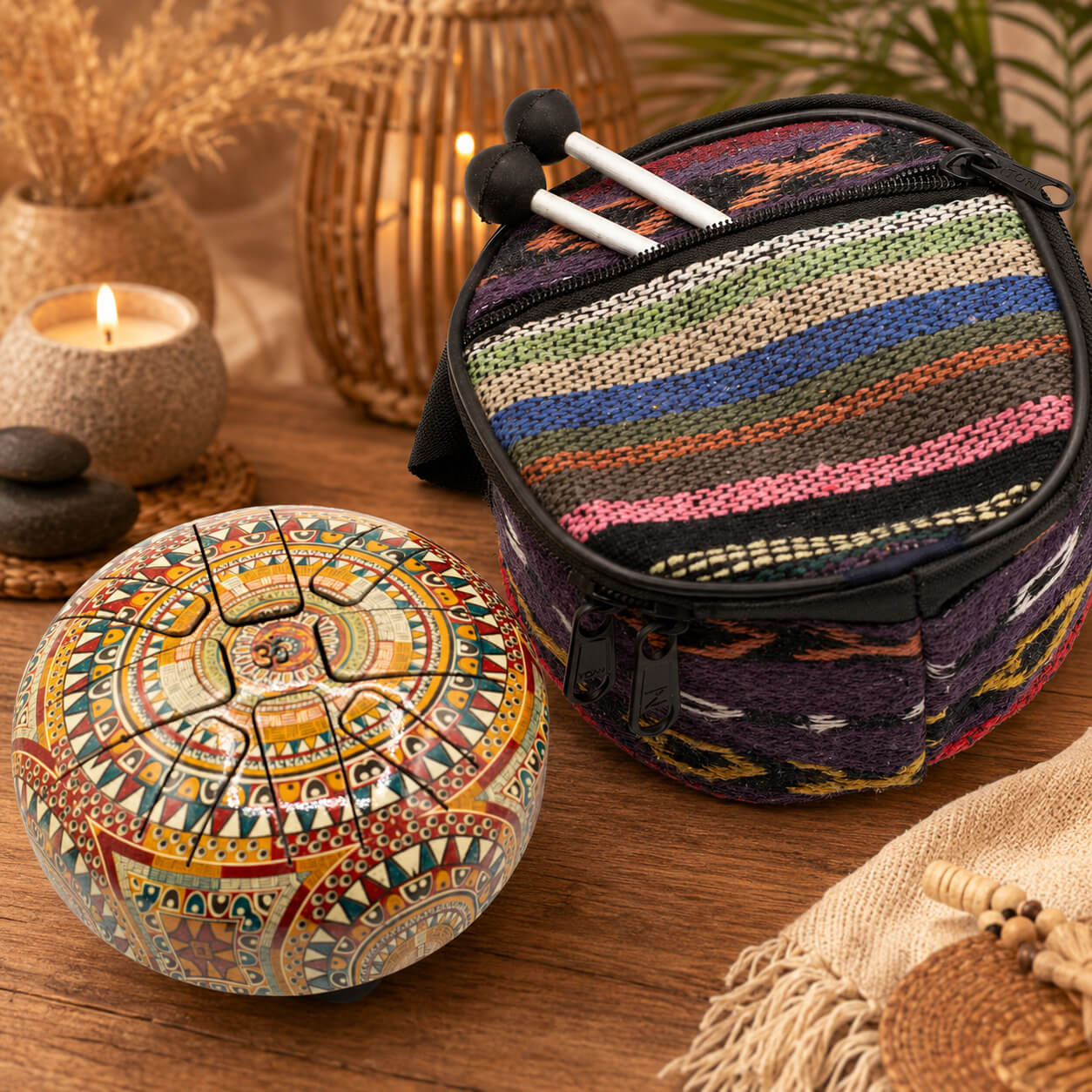 Tongue drum au motif mandala Om vue de dessus avec ses mailloches pour la méditation.