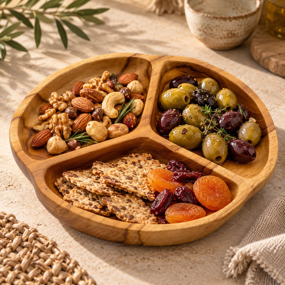 Plateau en teck à trois sections garni de fruits secs, olives et crackers