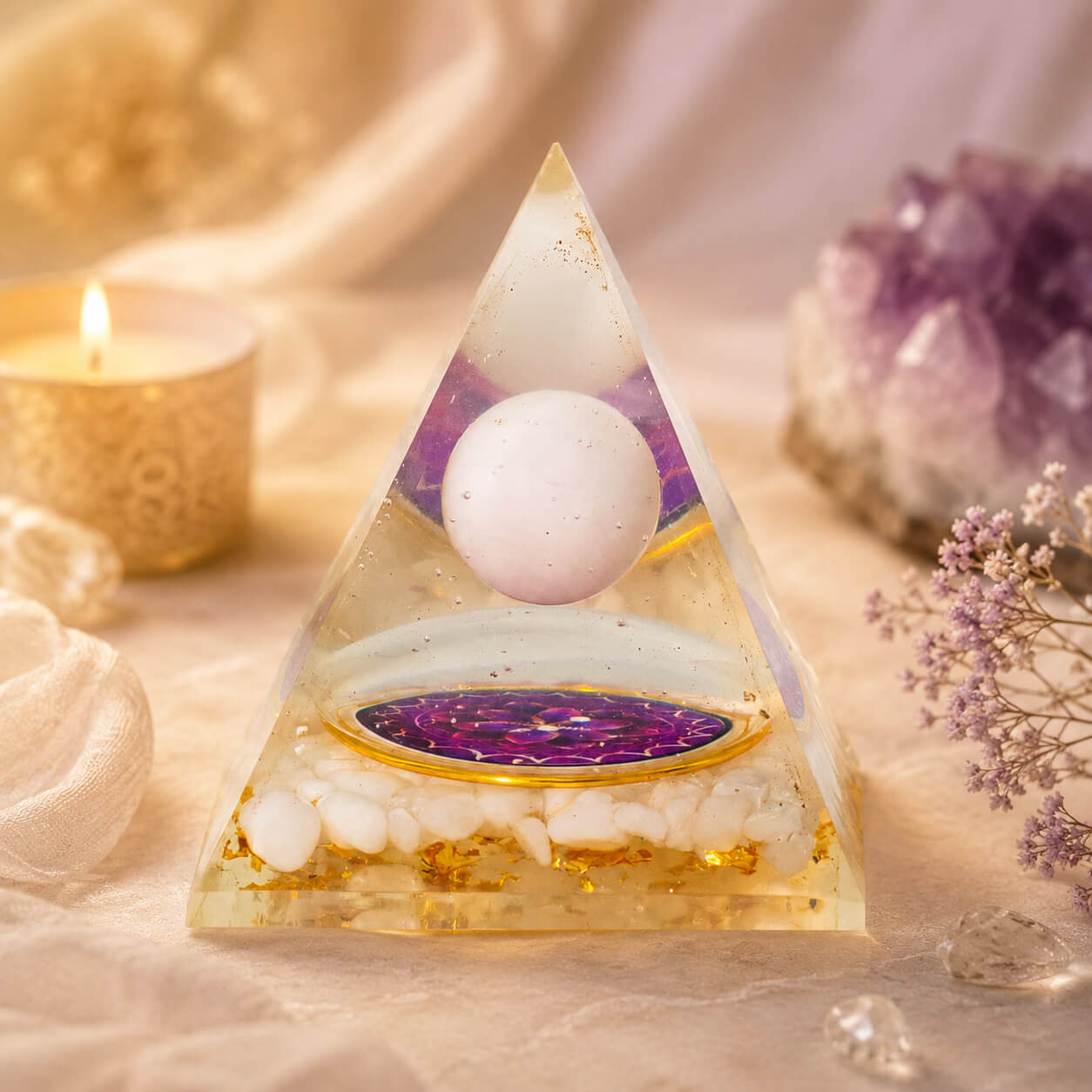 Pyramide Orgonite Sphère et Éclats de Quartz