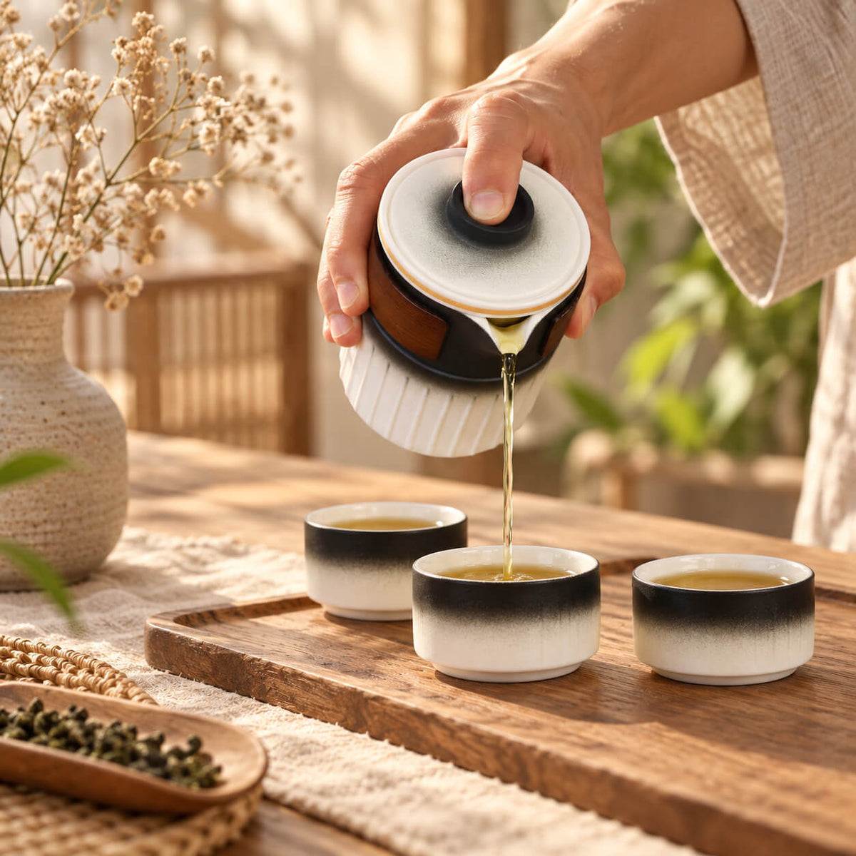 Théière en céramique versant du thé dans trois tasses assorties, dégradé blanc et noir