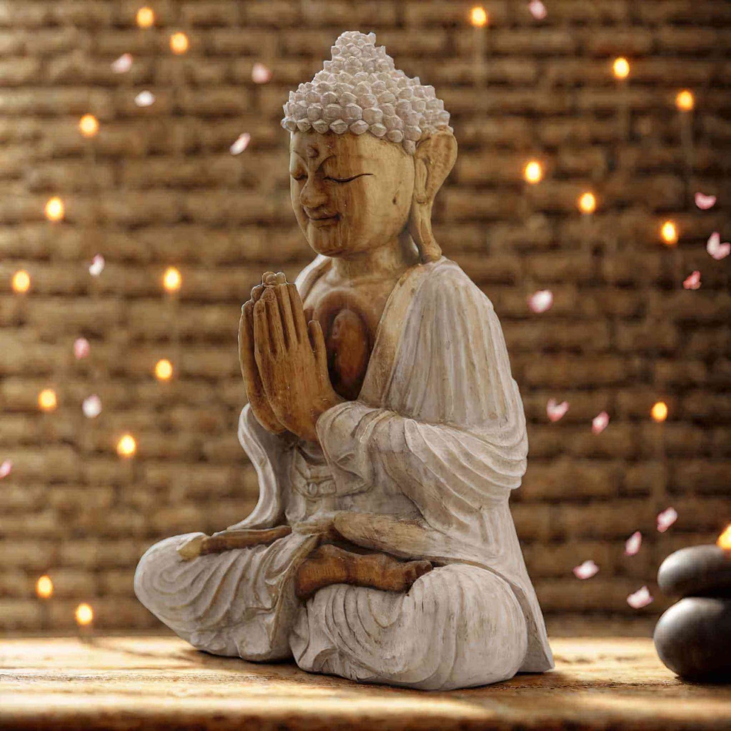 Statue Bouddha blanc en bois Suar 30 cm, vue de profil, posture lotus avec mains jointes Anjali Mudra, sculpture artisanale Indonésie.