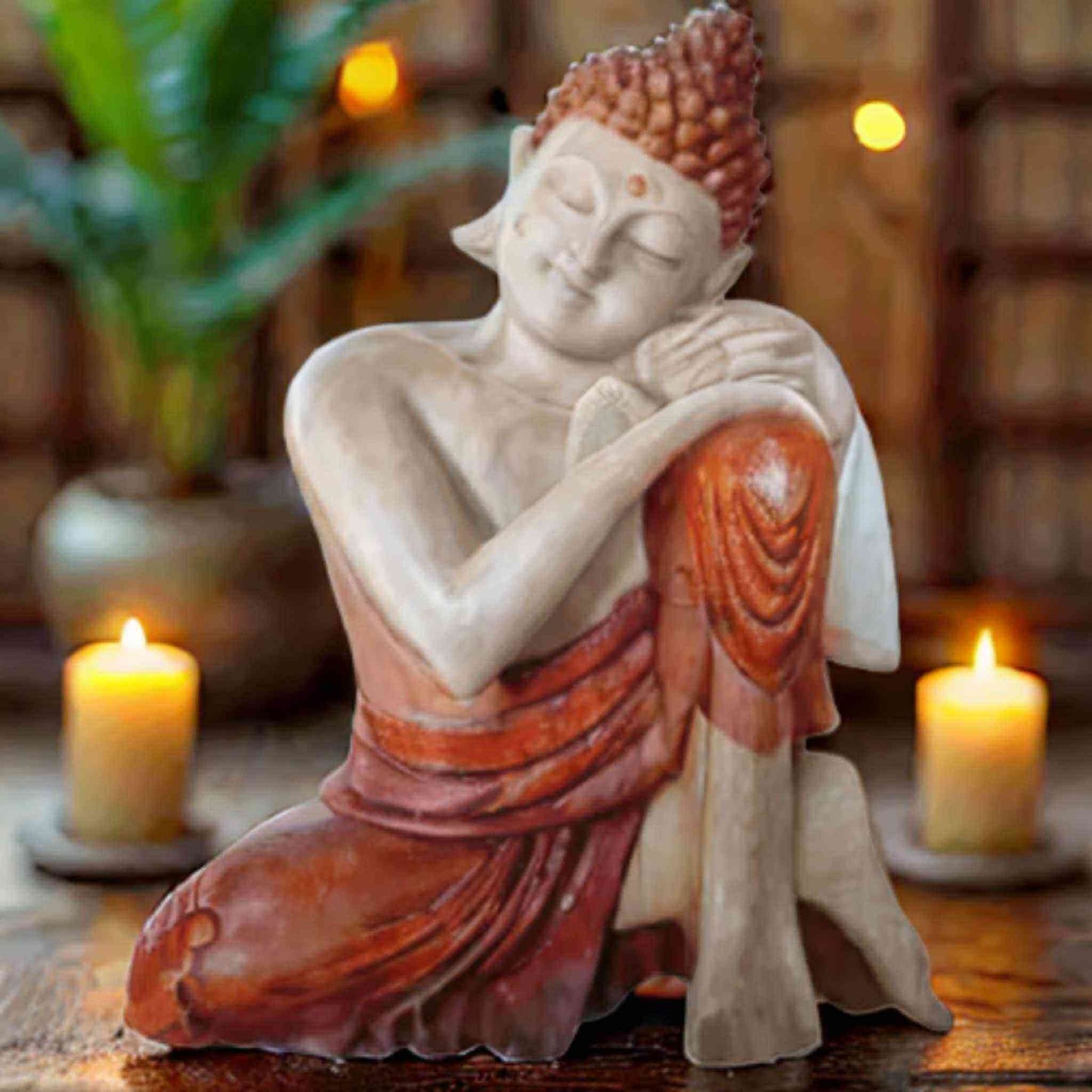 Statue Bouddha penseur en bois Suar 25 cm, sculpture artisanale indonésienne en posture méditative de réflexion et contemplation.