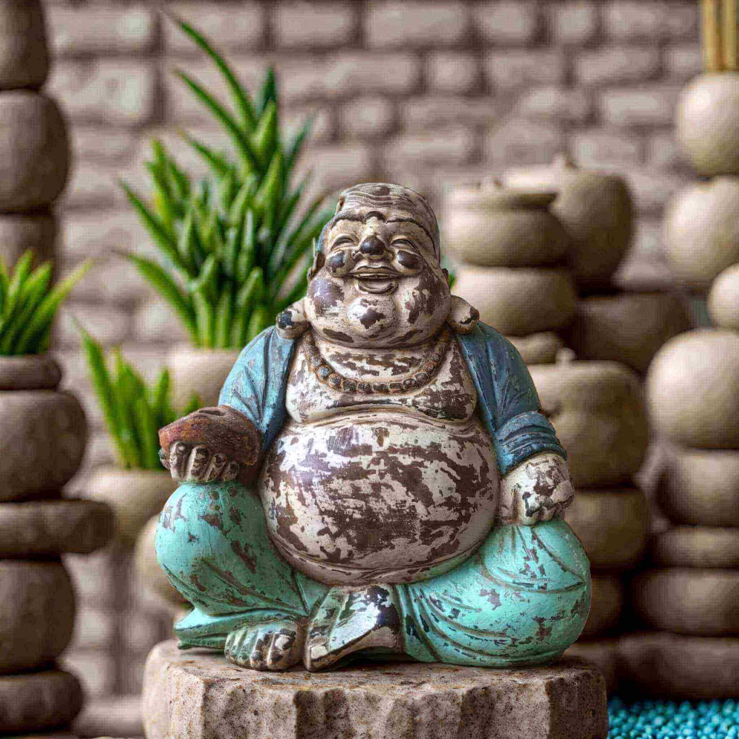 Statue Bouddha rieur vintage en résine patinée marron et turquoise, figurine décorative artisanale pour bonheur et prospérité.