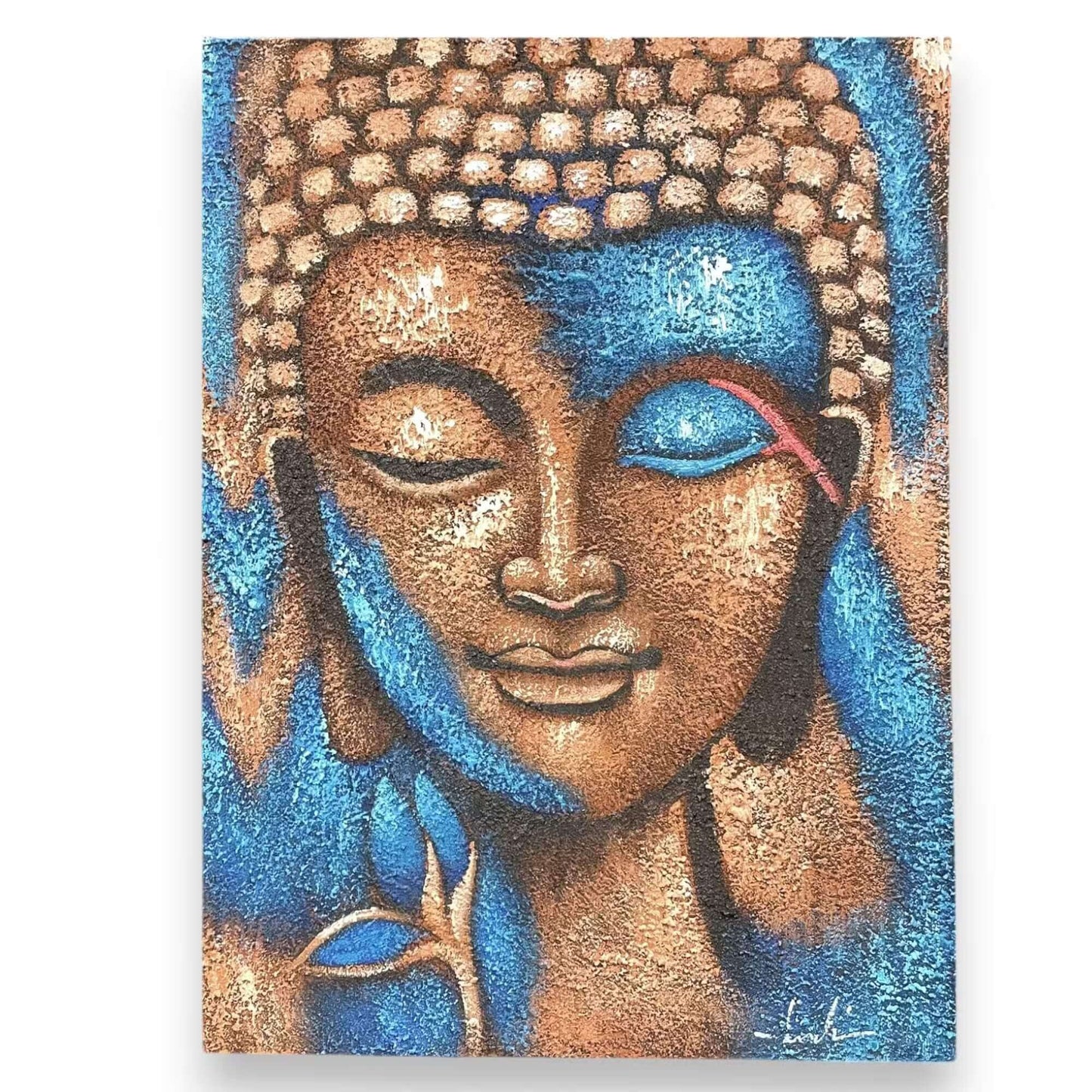 Détail du Bouddha bronze avec œil turquoise lumineux, peinture spirituelle artisanale indonésienne.