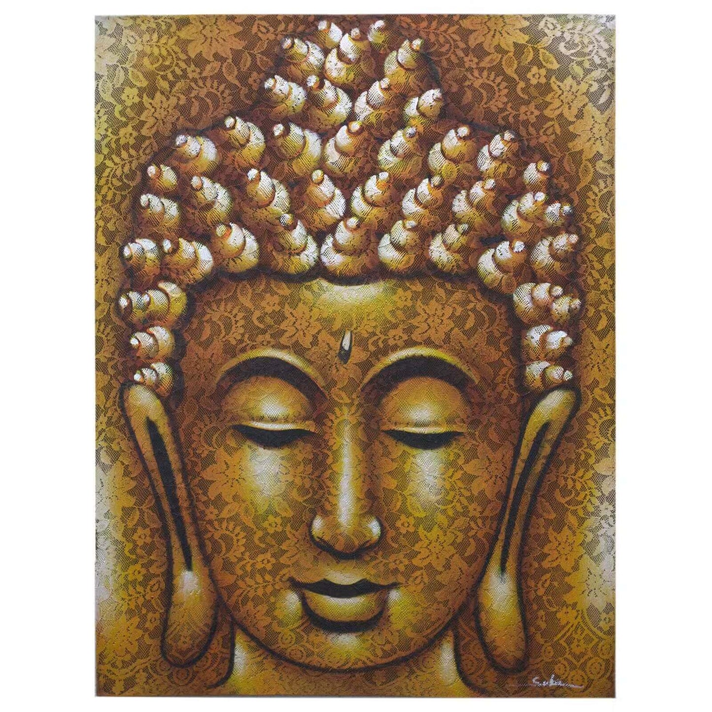 Tableau mural Bouddha doré brocadé 80x60 cm, peinture artisanale indonésienne sur toile.
