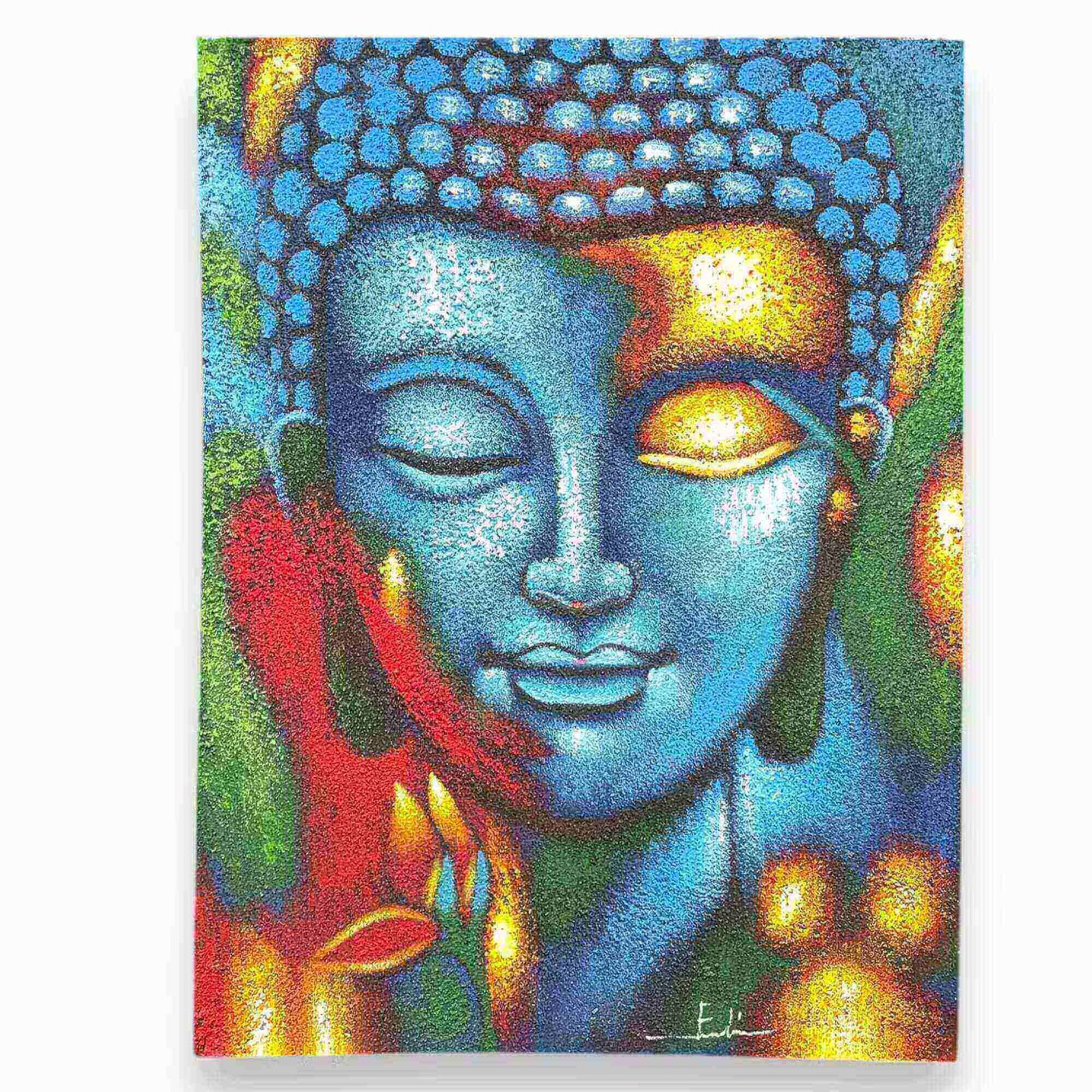 Tableau mural Bouddha multicolore turquoise 76x55 cm sur toile, peinture artisanale indonésienne aux couleurs vibrantes.