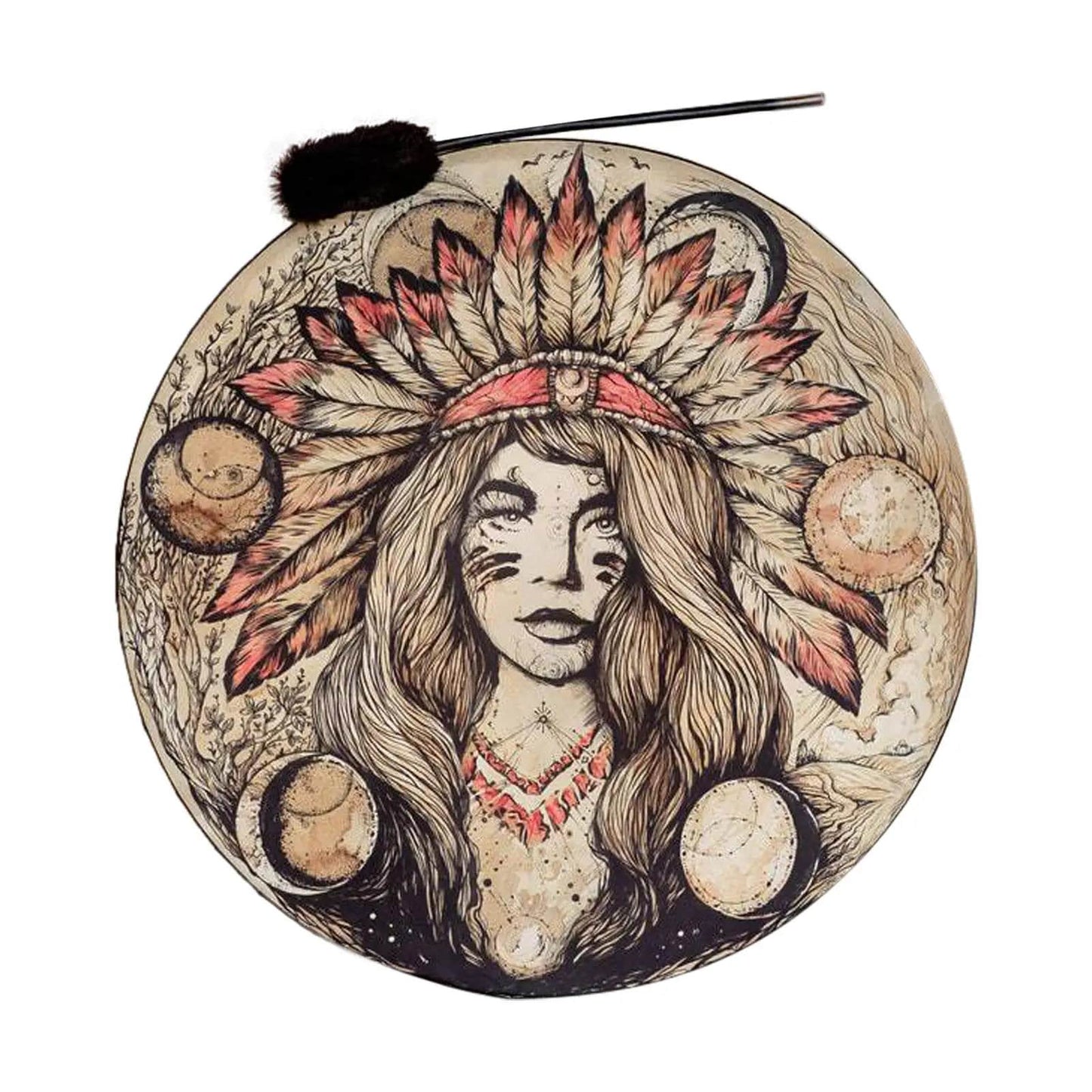 Tambour chamanique décoré d'une femme amérindienne avec coiffe de plumes et phases de lune, sur fond naturel.