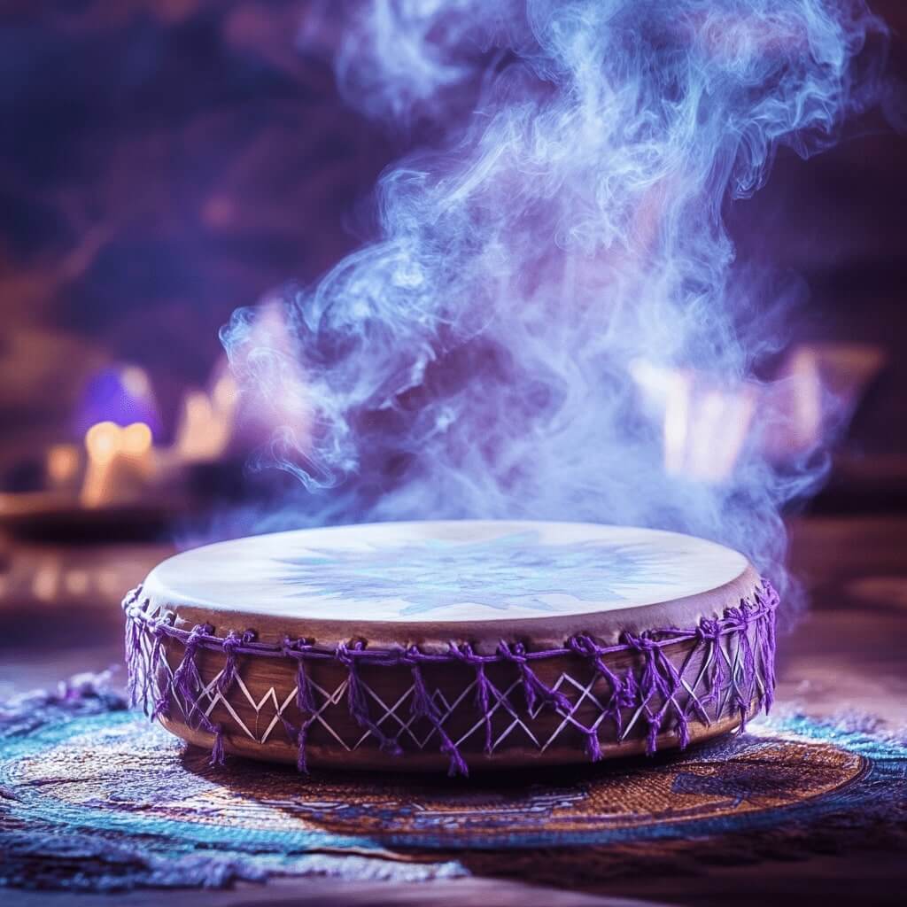 Tambour chamanique sacré orné de lacets violets posé sur un tapis cérémoniel, d'où s'élève une fumée éthérée bleutée dans une atmosphère mystique aux tons violets, avec des bougies douces en arrière-plan.