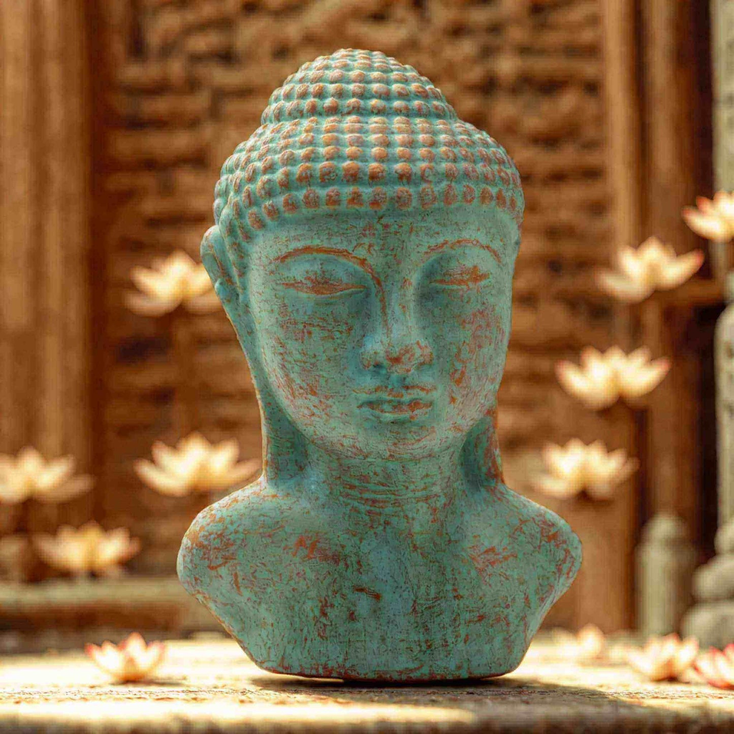 Tête de Bouddha en béton finition cuivre vert oxydé 18 cm, sculpture artisanale indonésienne effet vieilli pour décoration zen et spirituelle.