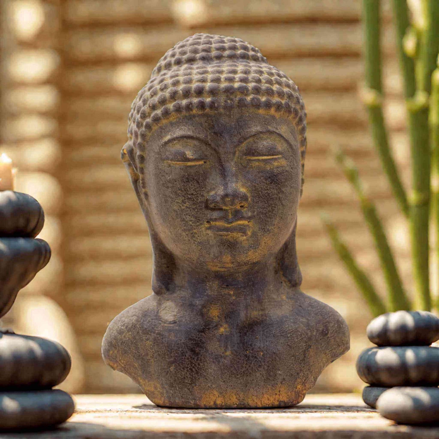 Tête de Bouddha en béton gris antique 18 cm, sculpture artisanale indonésienne finition effet vieilli pour décoration zen et spirituelle.