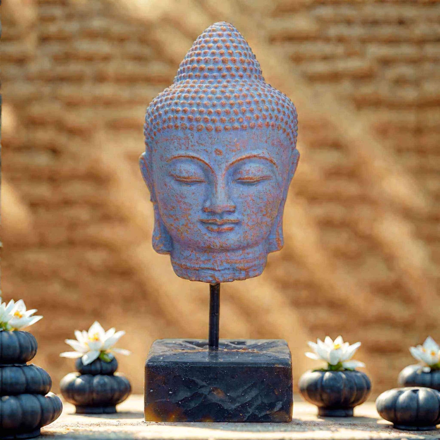 Tête de Bouddha sur Support - Cuivre Bleu