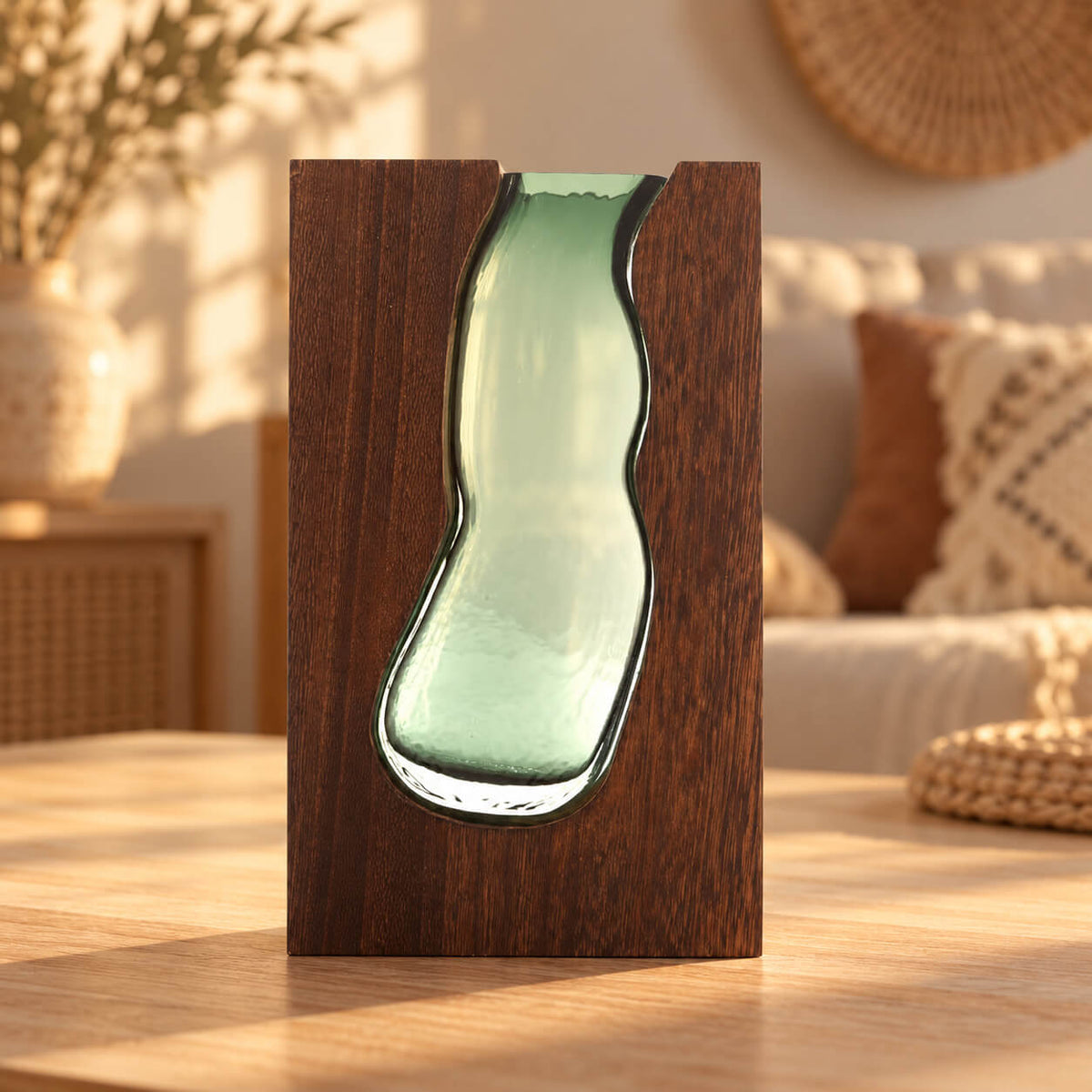 Vase en verre vert pâle à la forme ondulée, serti dans un bloc de bois brun posé sur une table