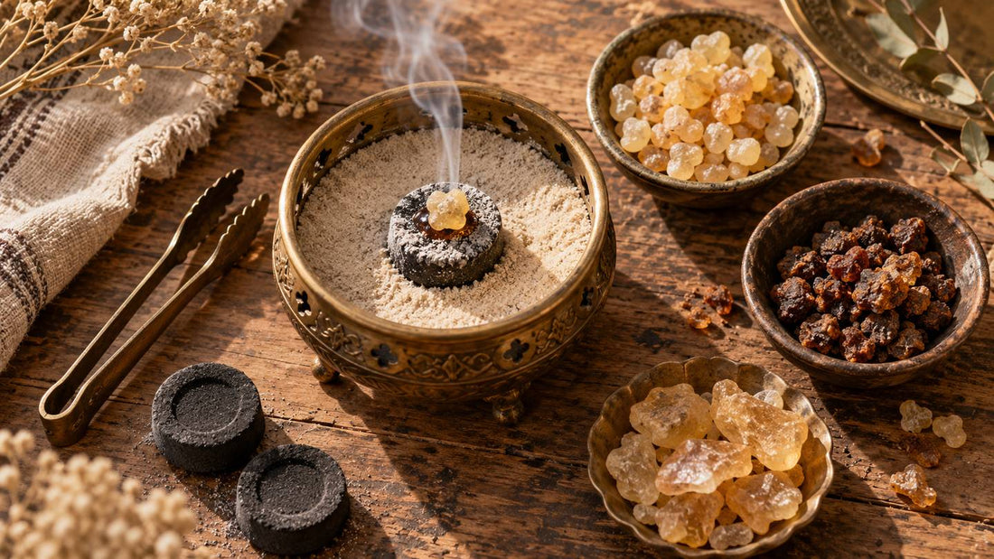 Fumée blanche qui s'élève d'un encensoir en laiton, entouré de grains de résine d'encens