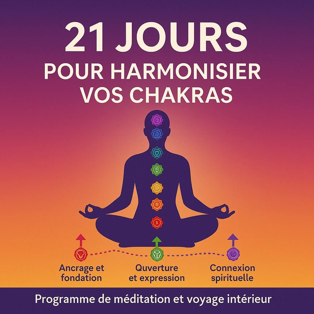 programme de méditation pour harmoniser les chakras en 21 jours, avec silhouette en méditation et symboles des 7 chakras alignés