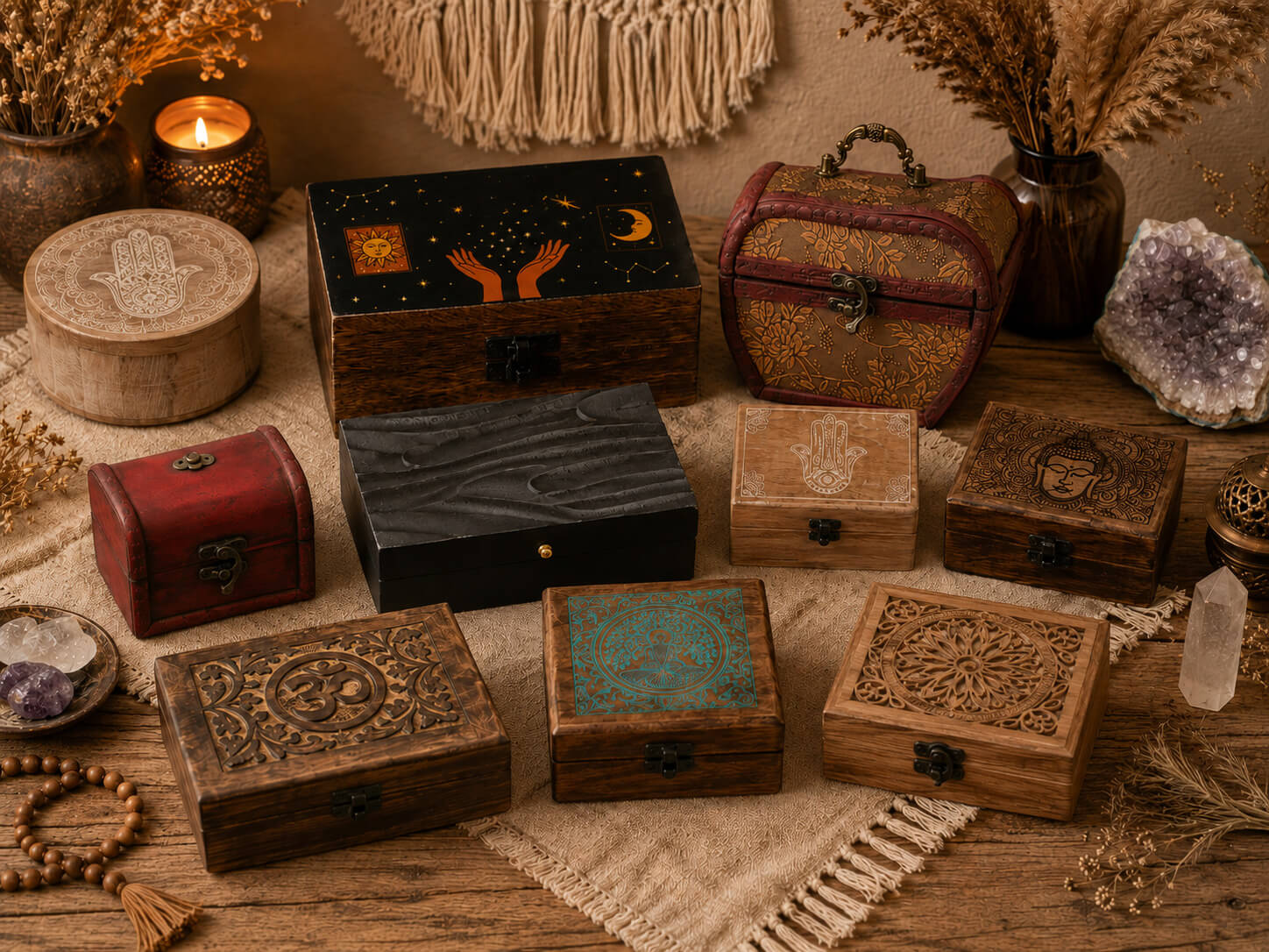 Collection de boîtes à bijoux en bois artisanales, motifs Bouddha, Hamsa, Om et Arbre de Vie