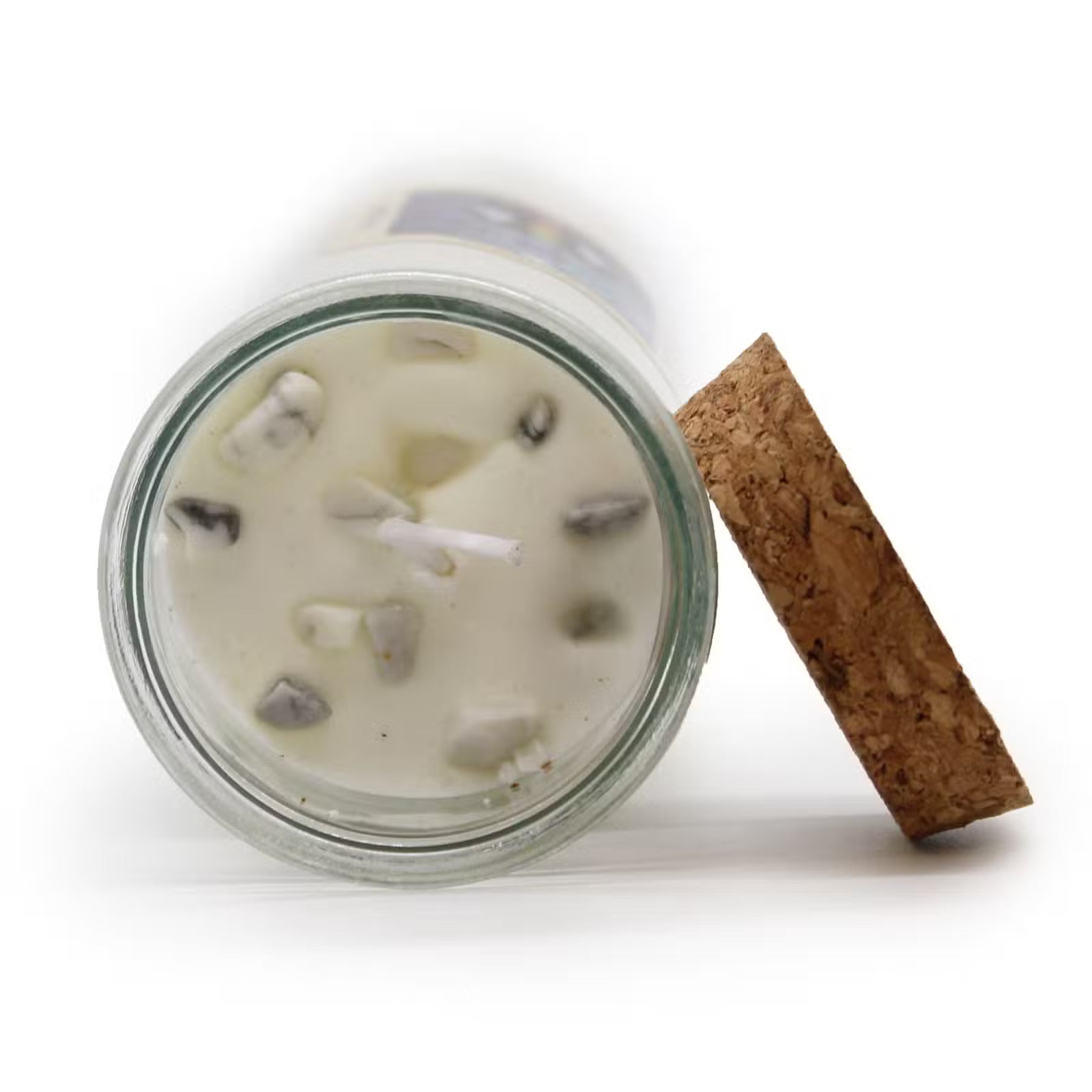 Bougie purification artisanale en cire de soja décorée de jaspe blanc et parfumée sauge menthe.