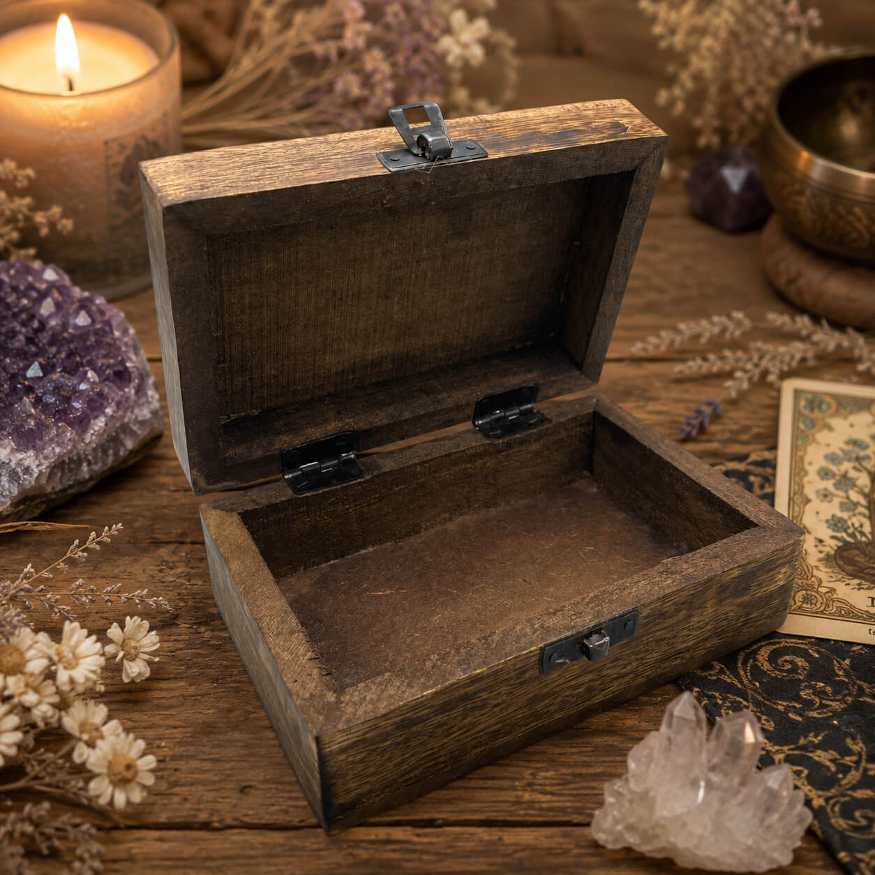 Boîte à bijoux Arbre de Vie ouverte, intérieur en bois naturel et fermoir métallique.