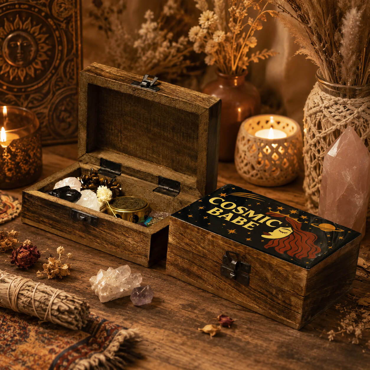 Boîte à bijoux Cosmic Babe ouverte contenant cristaux quartz obsidienne et petit porte-bonheur en ambiance mystique.