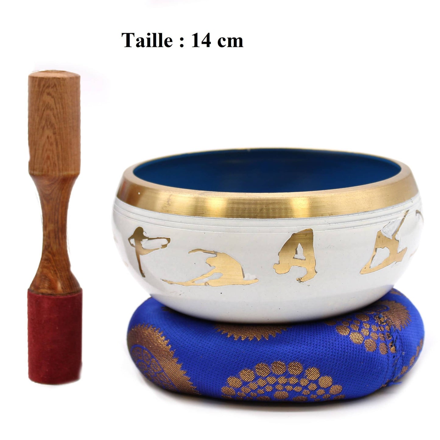 Bol tibétain blanc de 14 cm avec des mouvements de yoga dorés et une bordure dorée, accompagné d'un coussin bleu et doré, ainsi que d'un fuseau en bois et velours rouge..