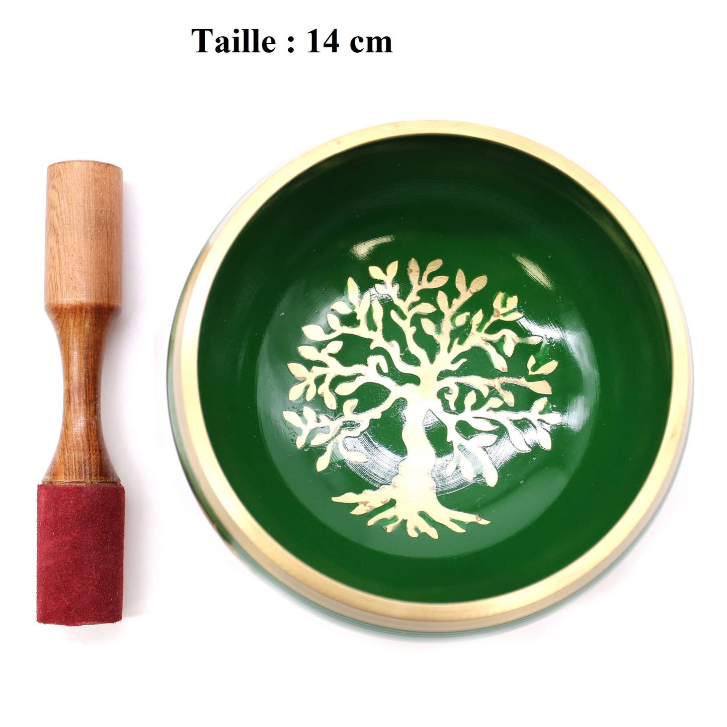 Bol tibétain vert de 14 cm avec un arbre de vie doré à l'intérieur, bordure dorée, accompagné d'un fuseau en bois et velours.