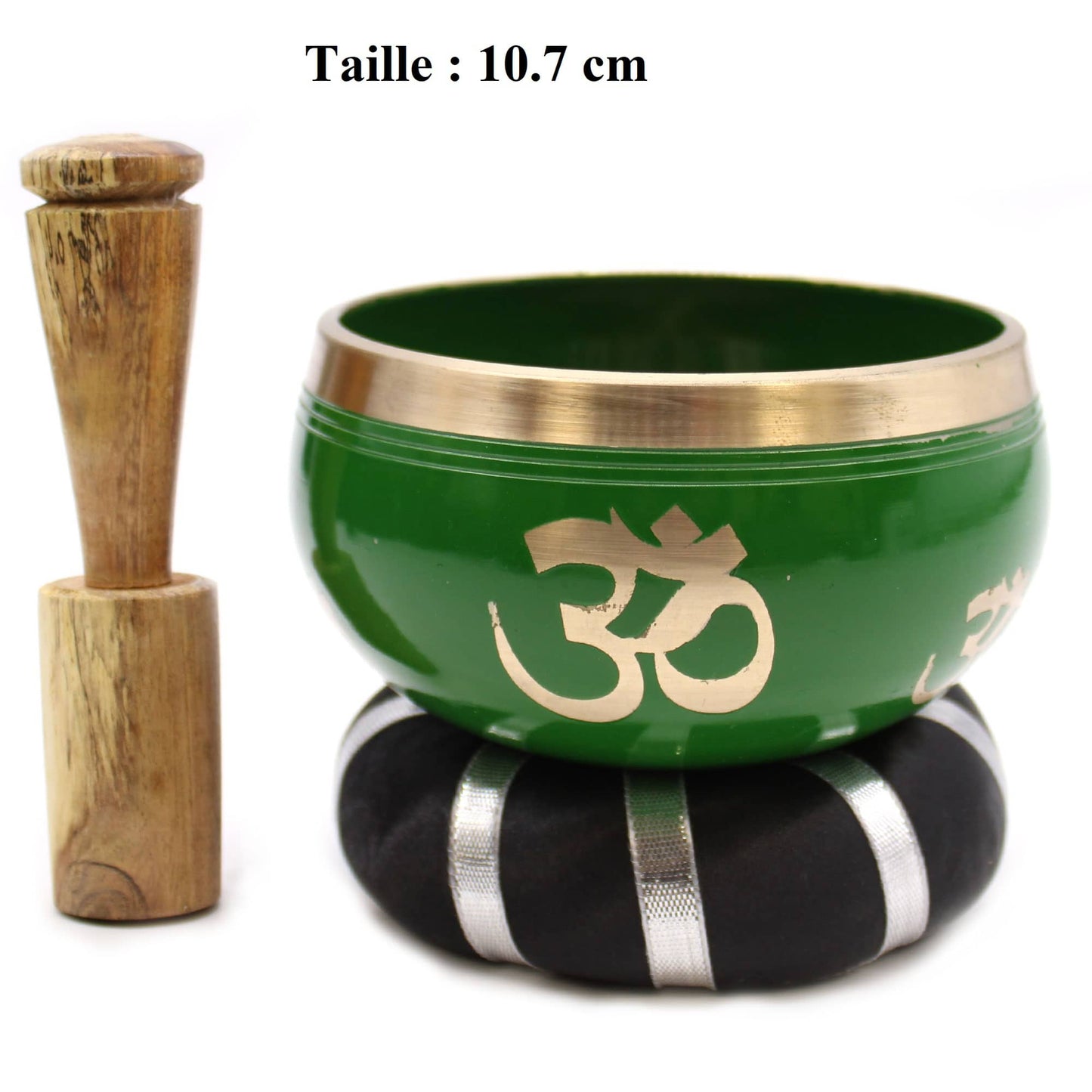 Bol tibétain vert de 10,7 cm avec le symbole OM doré, accompagné d'un coussin noir et argent, et d'un fuseau en bois.