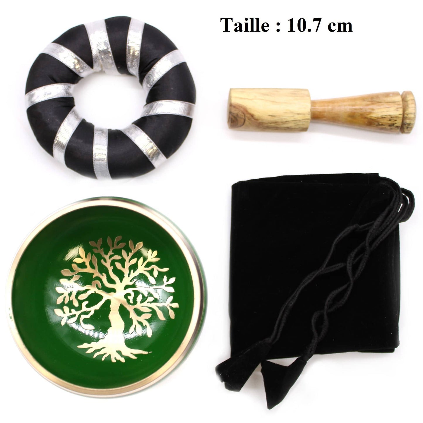 Bol tibétain vert de 10,7 cm avec un arbre de vie doré à l'intérieur, bordure dorée, accompagné d'un fuseau en bois, d'un coussin noir et argent, ainsi que d'un sac.