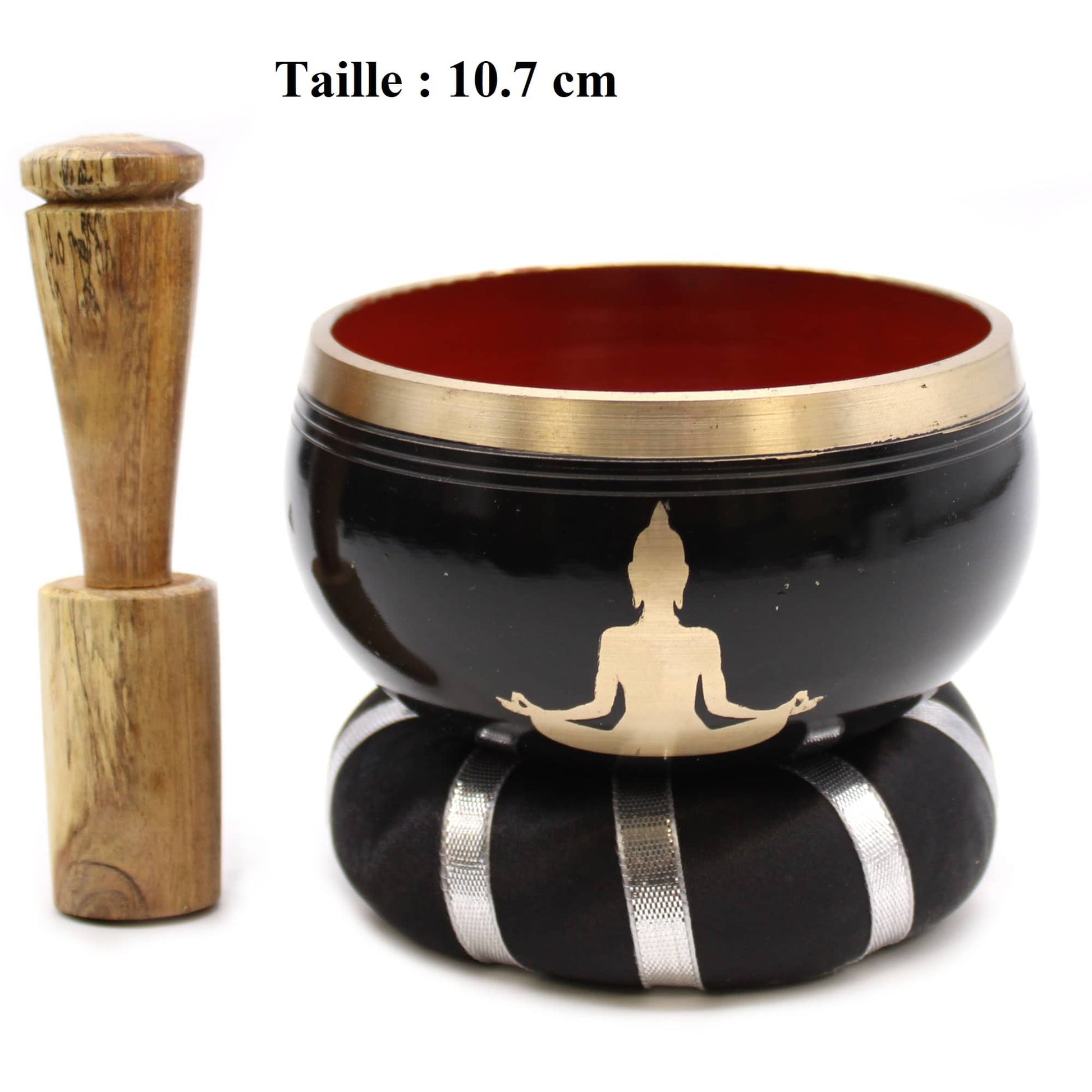 Bol tibétain noir de 10,7 cm avec un Bouddha doré et une bordure dorée, accompagné d'un coussin noir et argent, et d'un fuseau en bois.