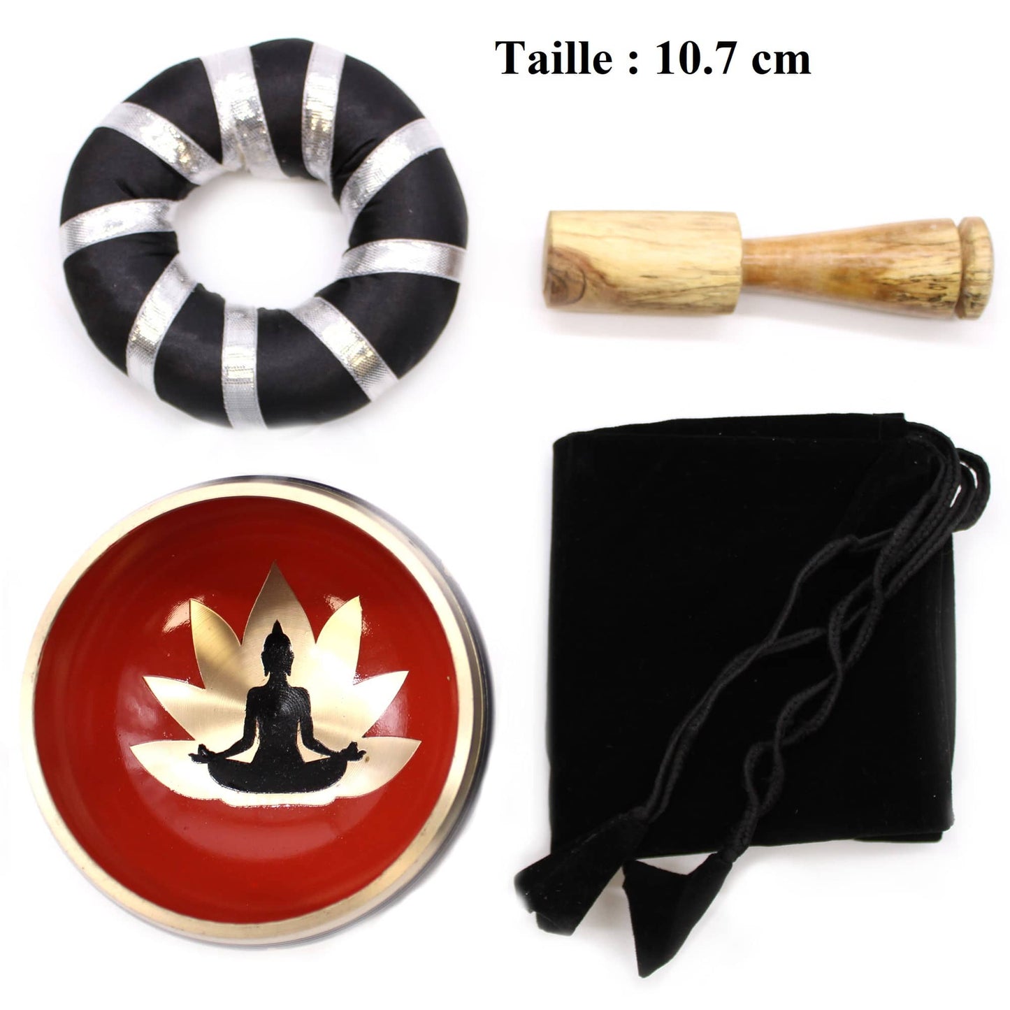 Intérieur bol tibétain orange de 10,7 cm avec une fleur de lotus dorée et un Bouddha noir, bordure dorée, accompagné d'un fuseau en bois, d'un coussin noir et argent, ainsi que d'un sac.