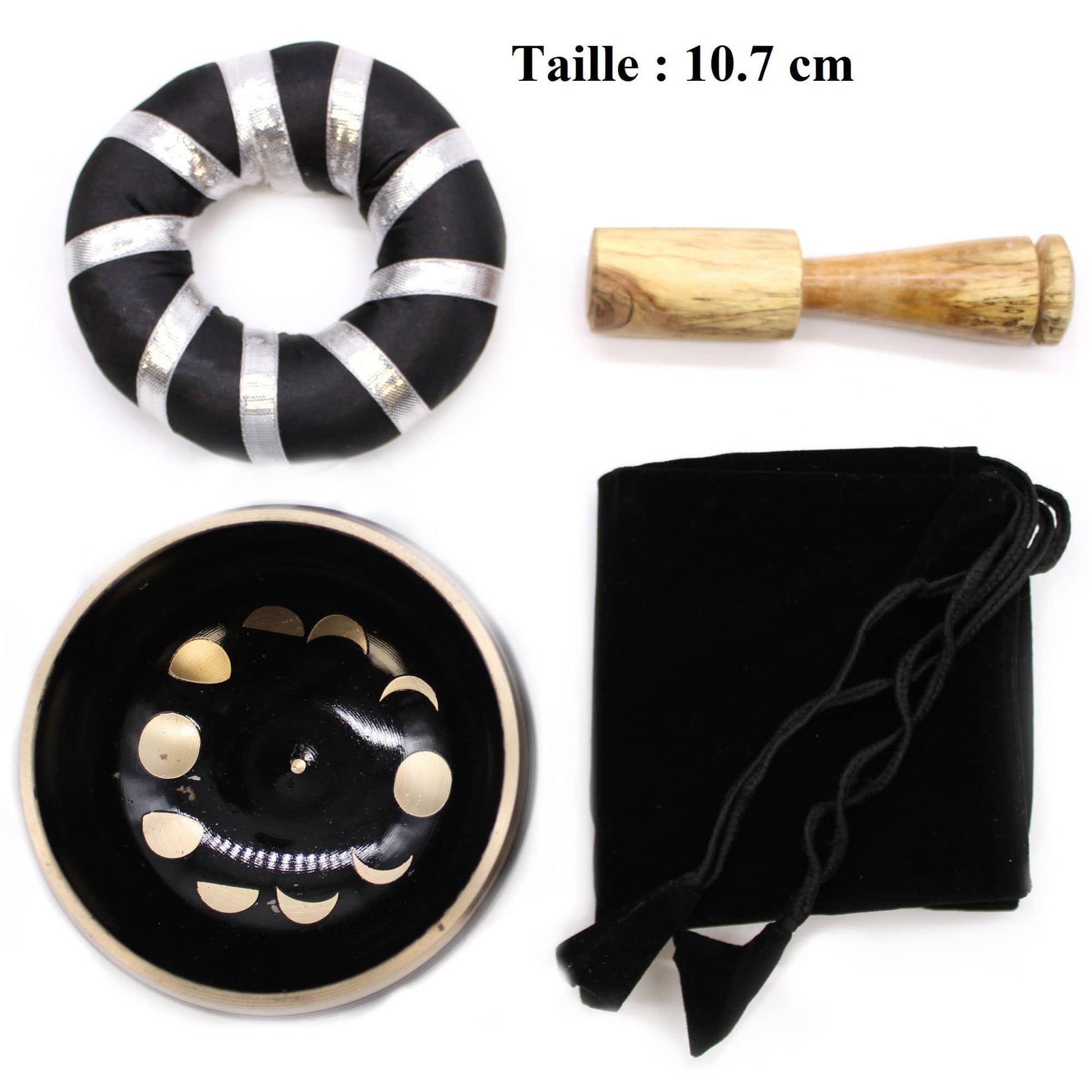 Intérieur bol tibétain noir de 10,7 cm avec différentes lunes dorées, bordure dorée, accompagné d'un fuseau en bois, d'un coussin noir et argent, ainsi que d'un sac.