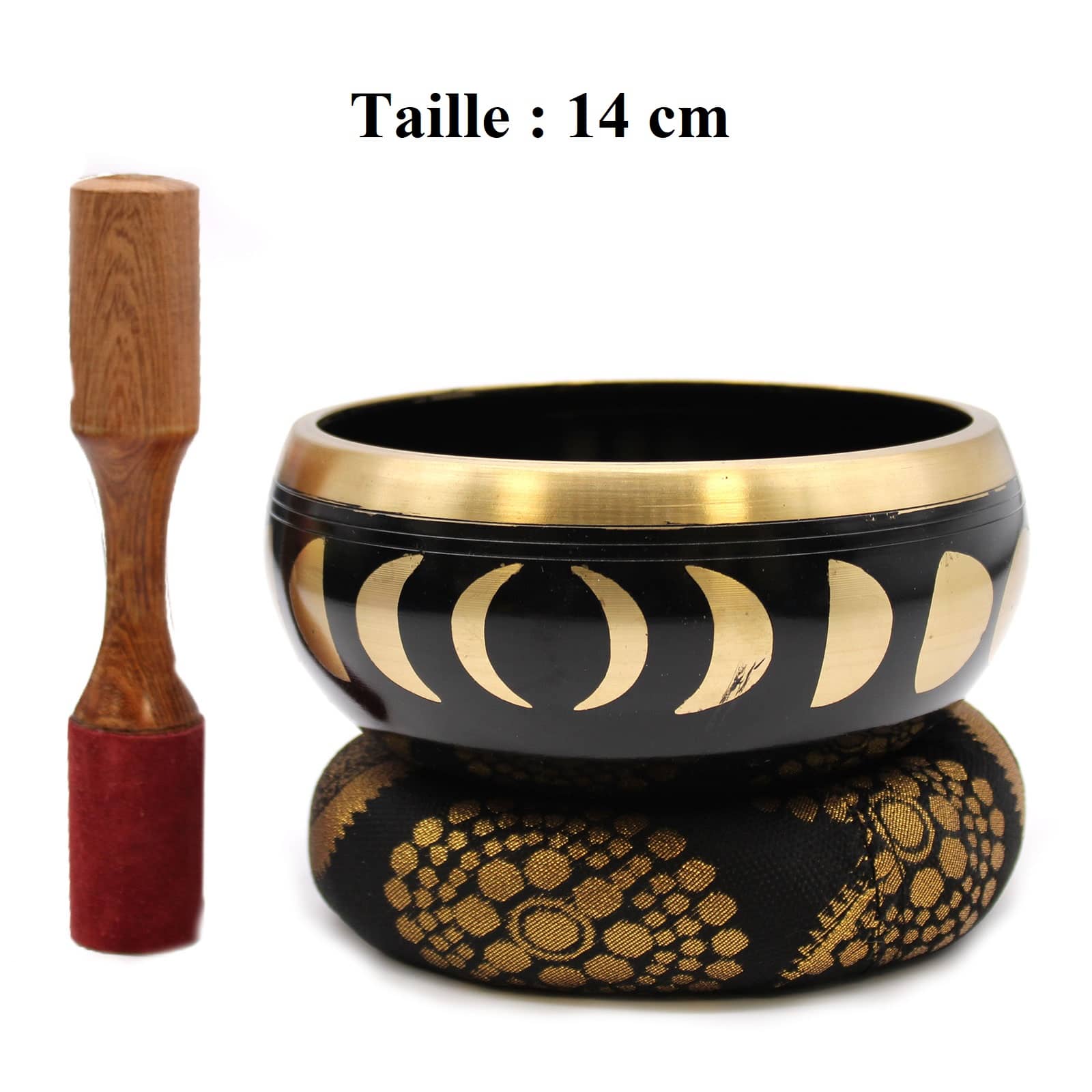 Bol tibétain noir de 14 cm avec différentes lunes dorées et une bordure dorée, accompagné d'un coussin noir et doré, ainsi que d'un fuseau en bois et velours rouge.