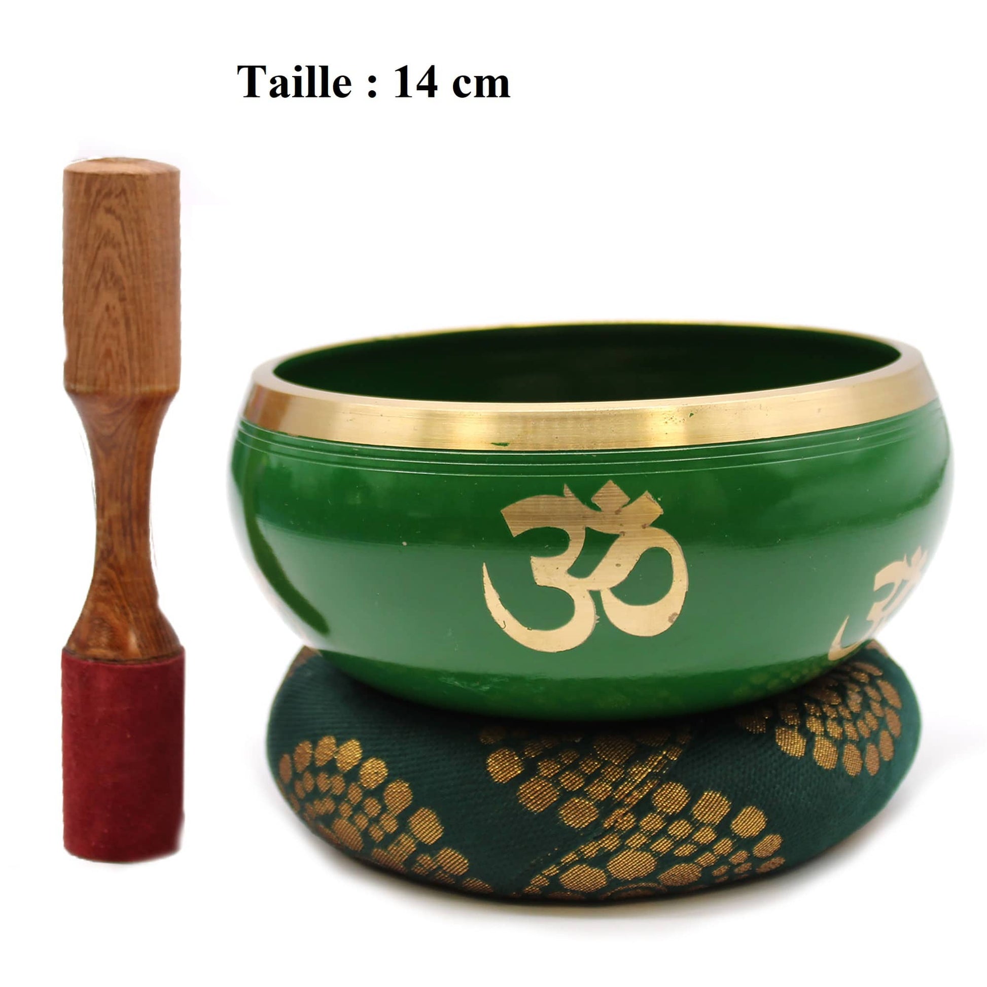 Bol tibétain vert de 14 cm avec le symbole OM doré, accompagné d'un coussin vert et doré, et d'un fuseau en bois et velours.