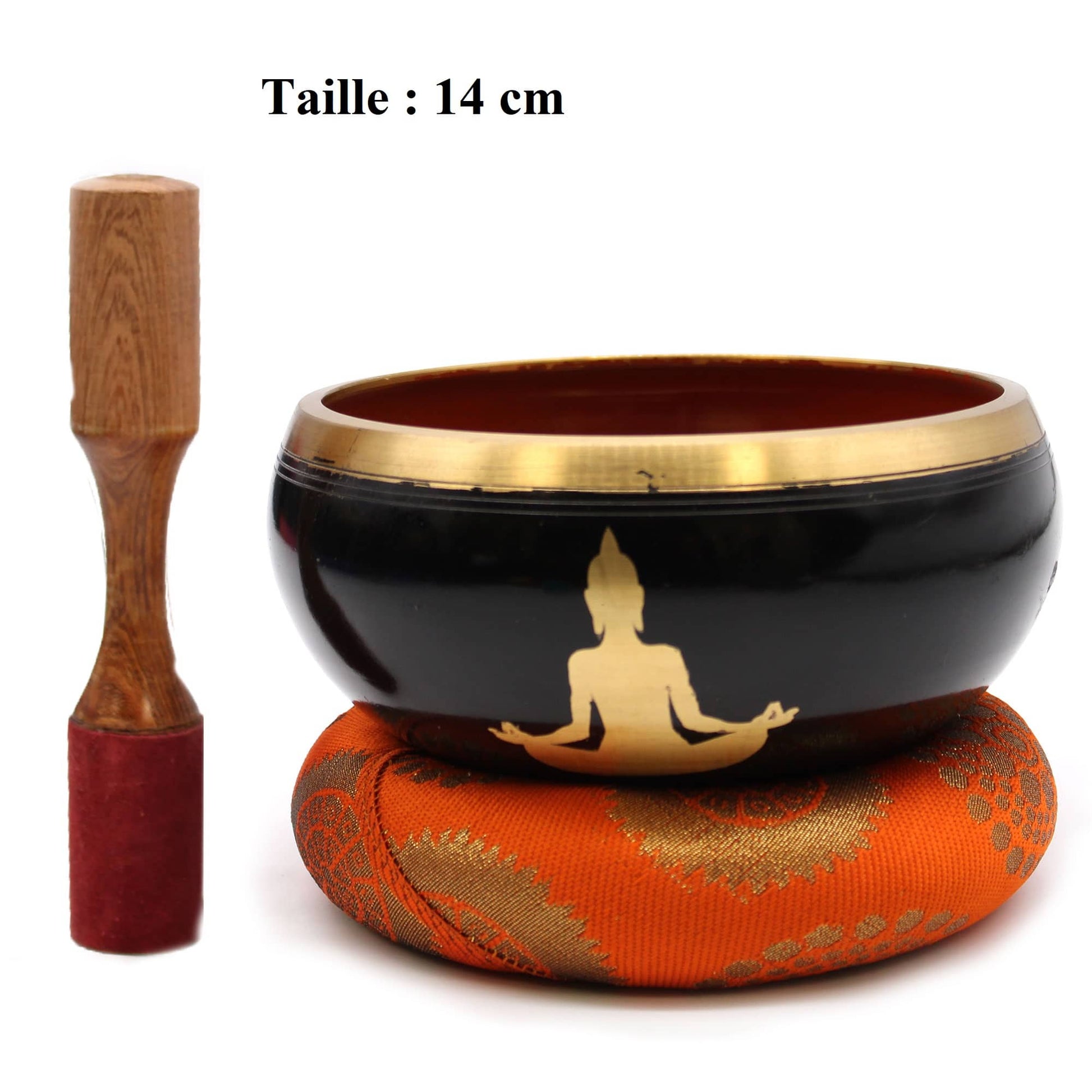 Bol tibétain noir de 14 cm avec un Bouddha doré et une bordure dorée, accompagné d'un coussin doré et orange, ainsi que d'un fuseau en bois et velours.