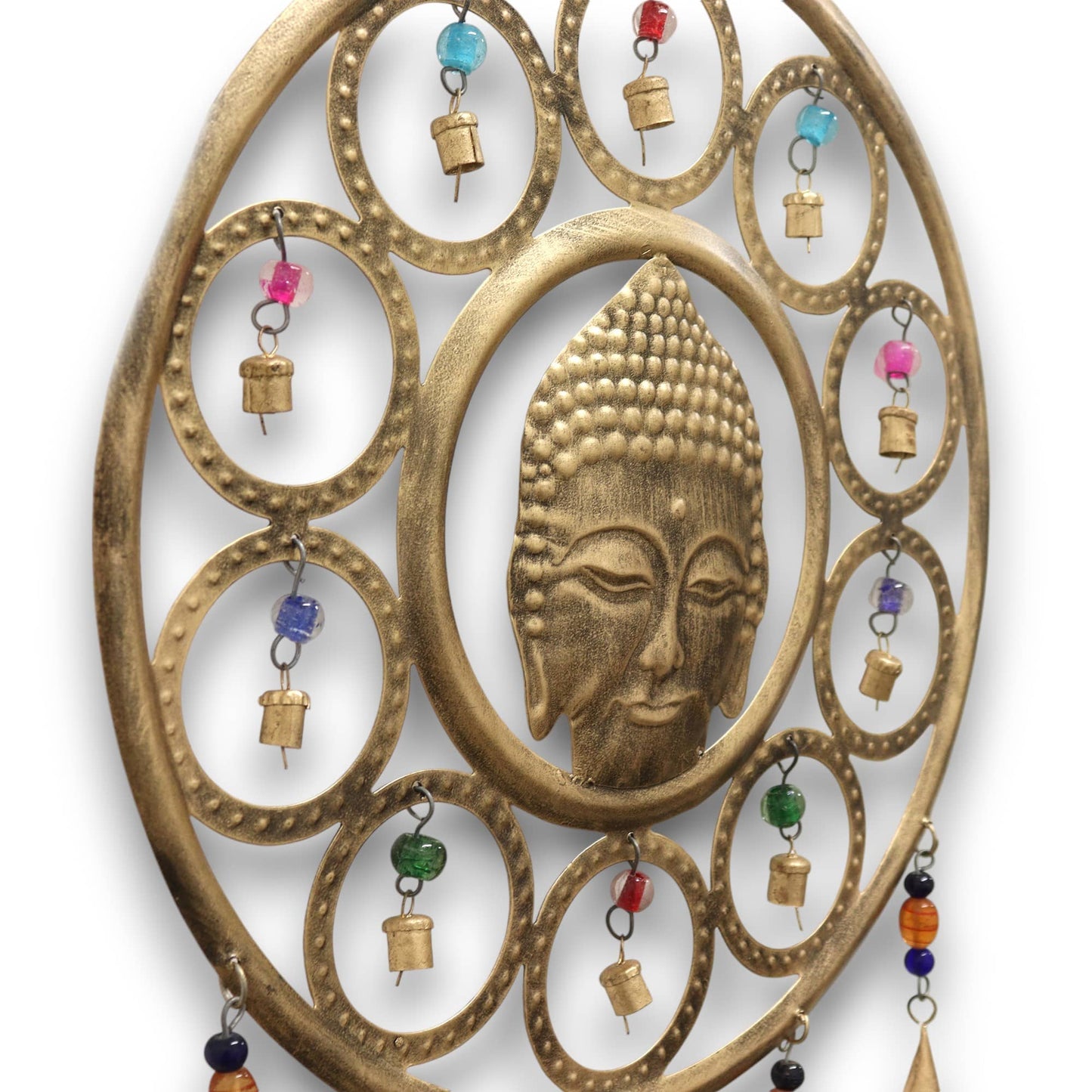 Profil des cloches "Bouddha Serein" montrant le Bouddha et les 15 cloches suspendues en laiton.