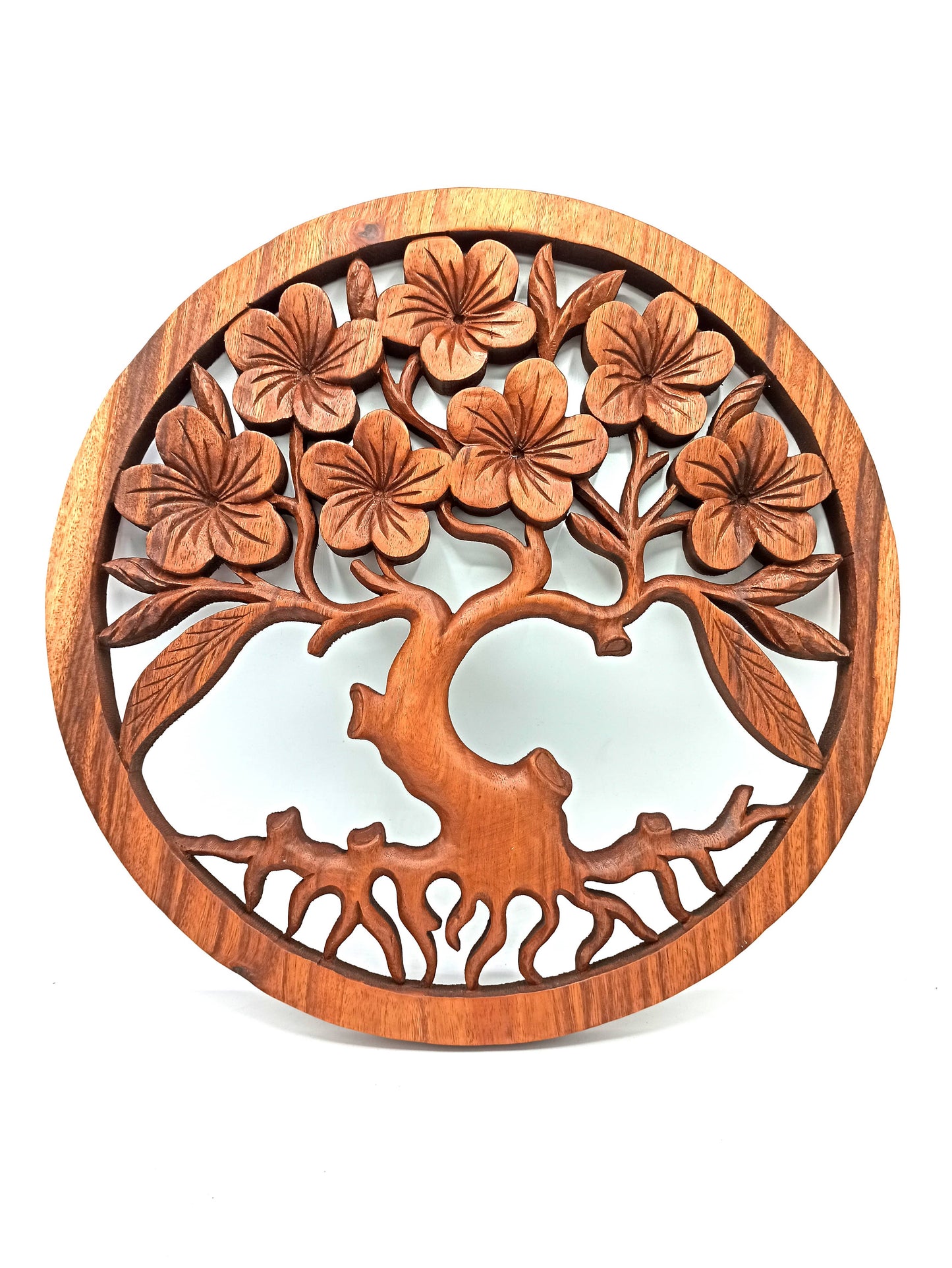 Tableau rond sculpté en bois de qualité, représentant l'Arbre de Vie. Avec ses détails fins et ses courbes élégantes, il incarne l'harmonie et la connexion avec la nature, idéal pour apporter une touche spirituelle et intemporelle à n'importe quel espace.