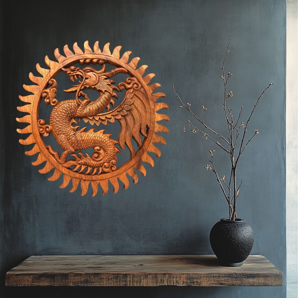 Tableau rond sculpté en bois de qualité dans une ambiance zen, représentant le "Dragon Mystique". Avec ses lignes puissantes et ses détails envoûtants, ce tableau incarne la force, la sagesse et la magie, apportant une aura mystique et captivante.