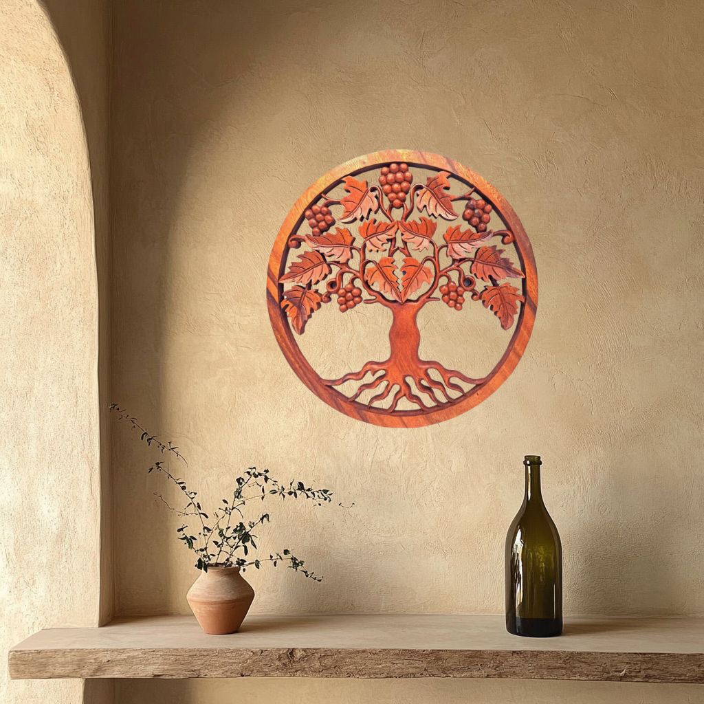 Tableau rond sculpté en bois de qualité, représentant la Vigne de Vie dans une ambiance zen. Avec ses détails raffinés et ses motifs entrelacés, il symbolise la croissance, la fertilité et l'équilibre, apportant une touche d'élégance naturelle à tout espace.